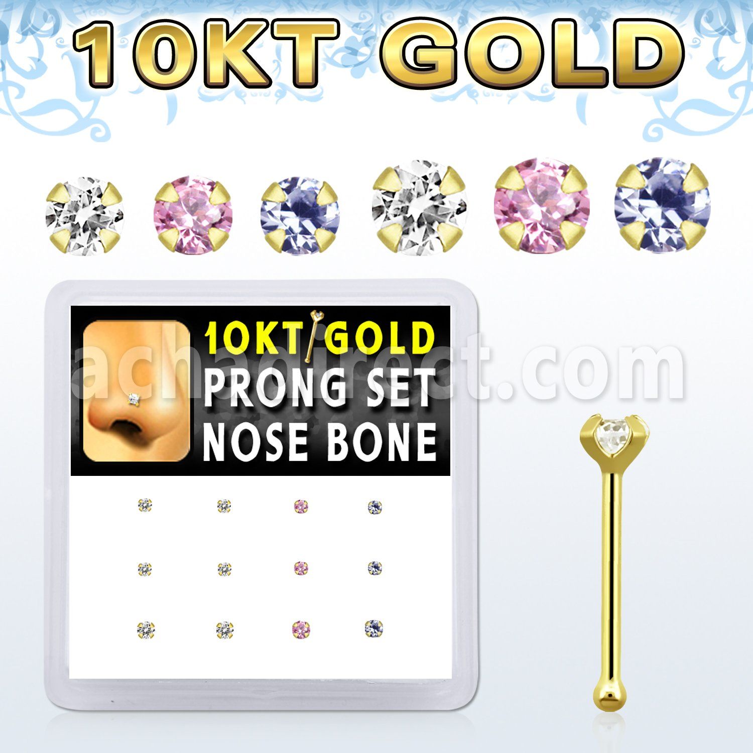 dginb12 box w 10kt gold nose bones w 1.5 2 mm round cz tops