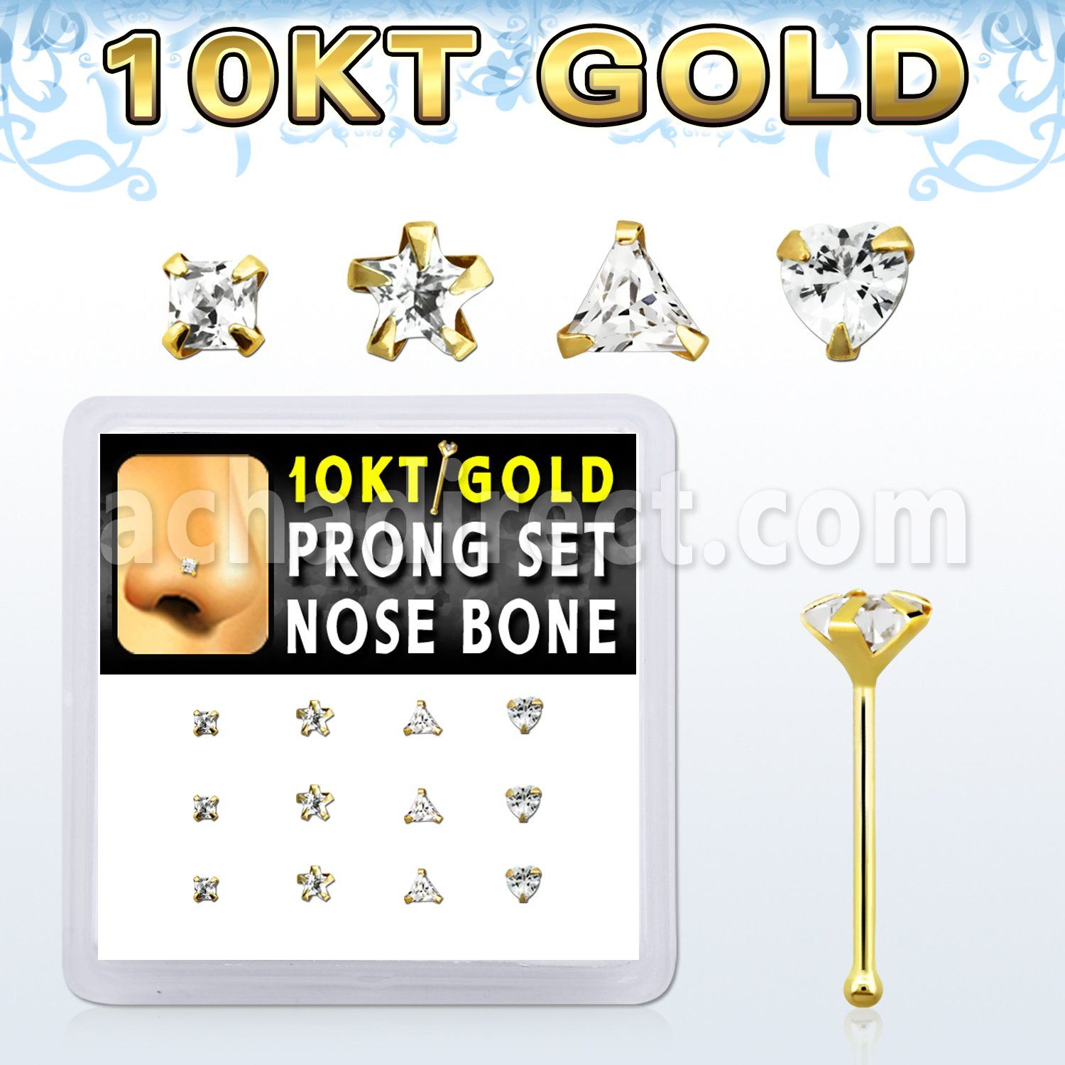 dginb13 box w 10kt gold nose bones w 3 mm special shape cz tops