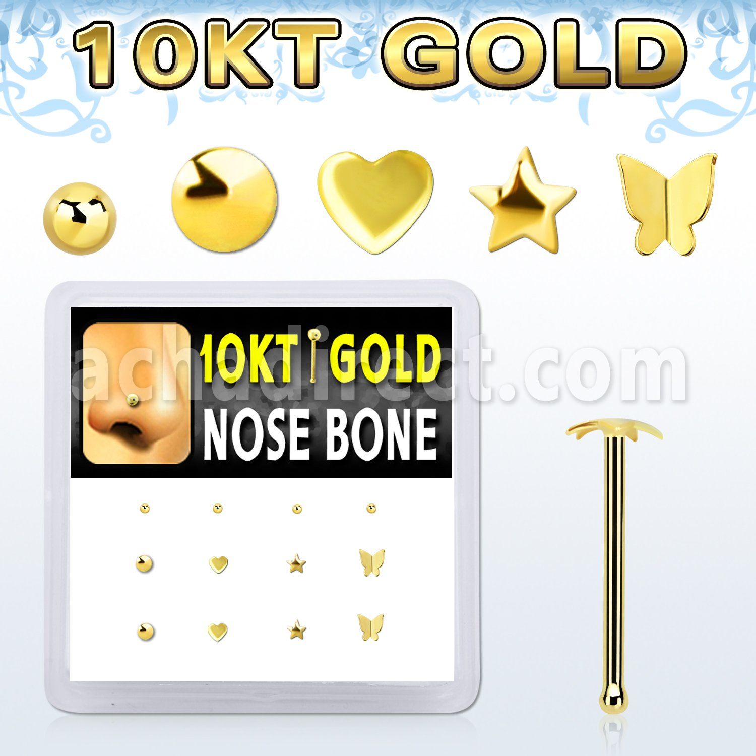 dginb16 box w 10kt gold nose bones w mixed plain tops