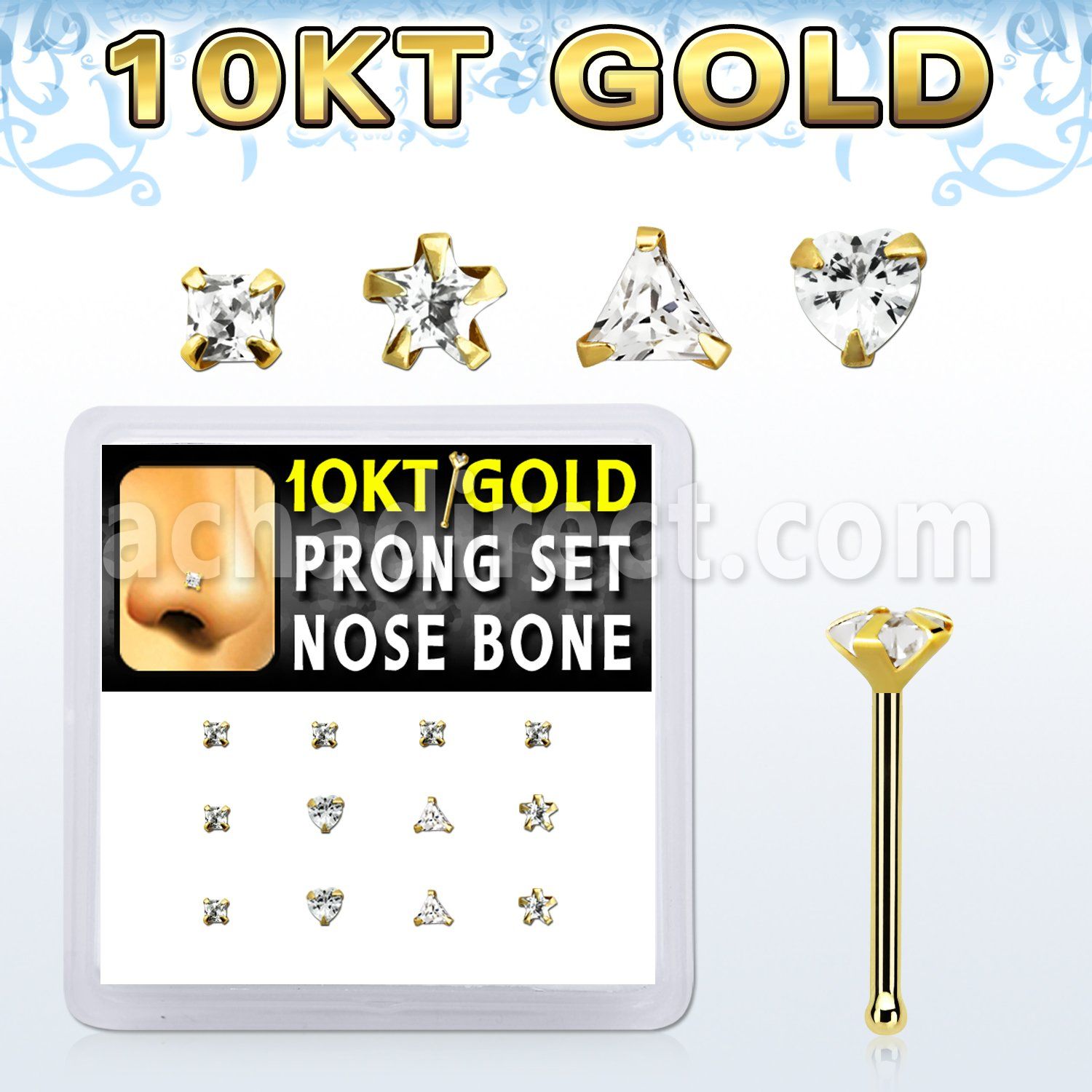 dginb17 box w 10kt gold nose bones w 3mm cz stones in mix shape
