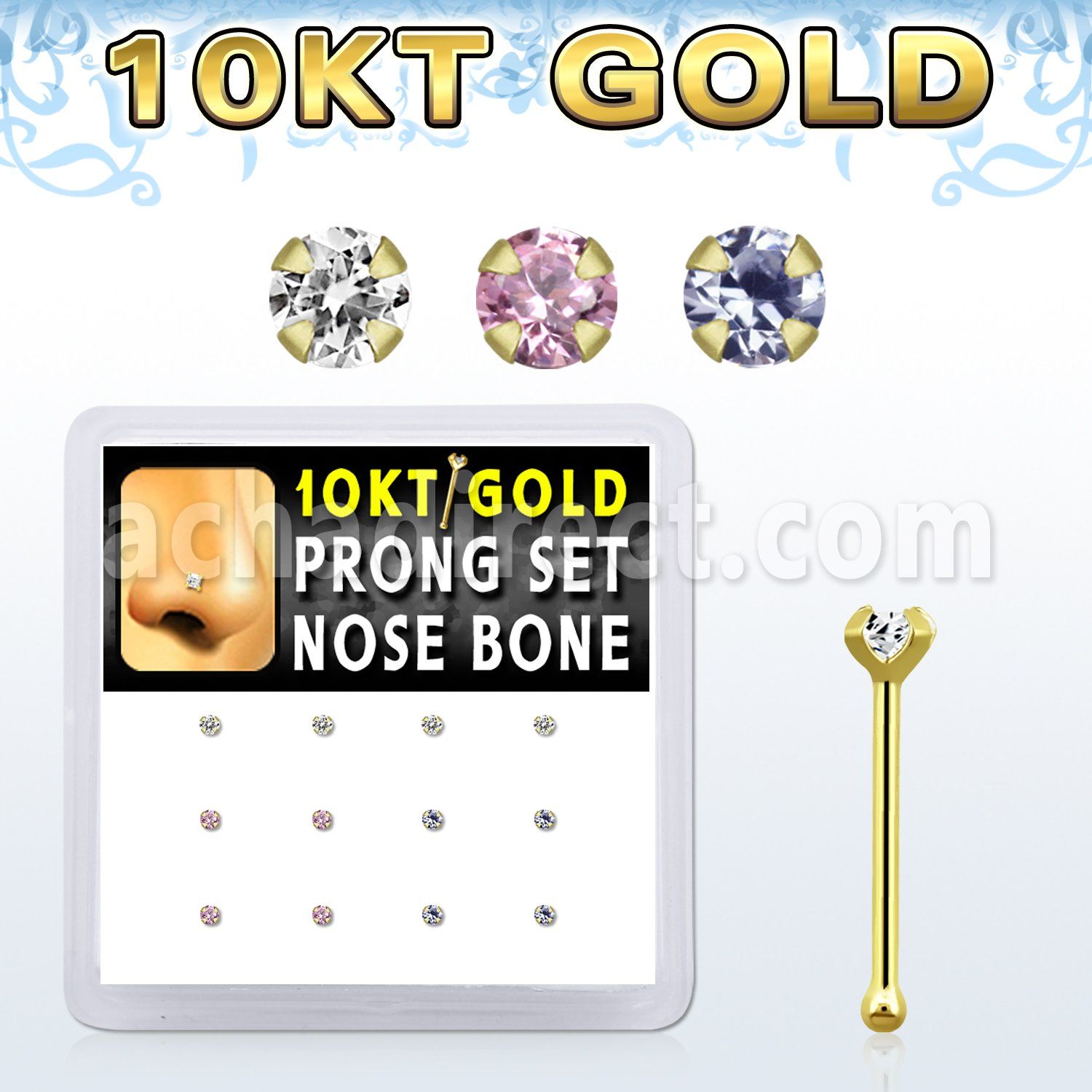 dginb4 10kt gold nose bone with 1.5mm prong round cz stone