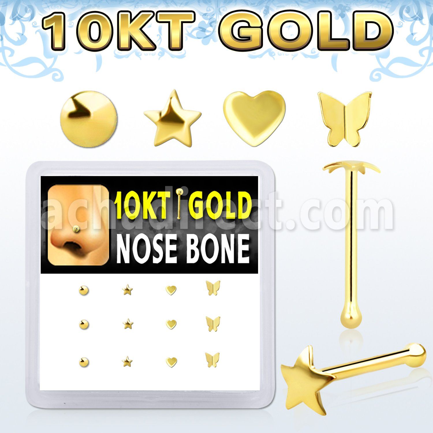 dginb9 10kt gold nose bone with assorted shaped tops