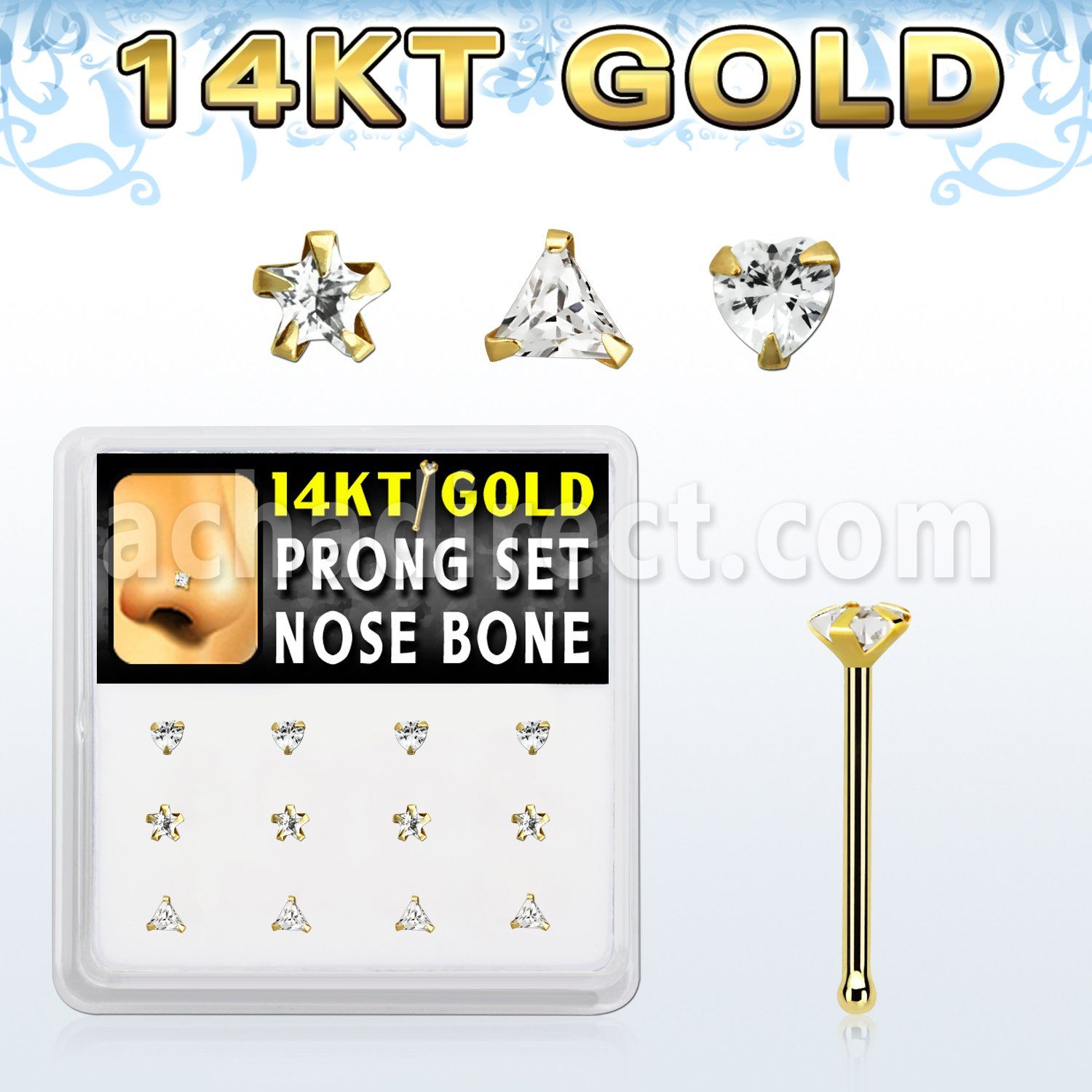 dgnb20 caja 12 piercing nariz oro 14 kts 0 6mm 3mm zirconia formas estrella tri corazon al por mayor
