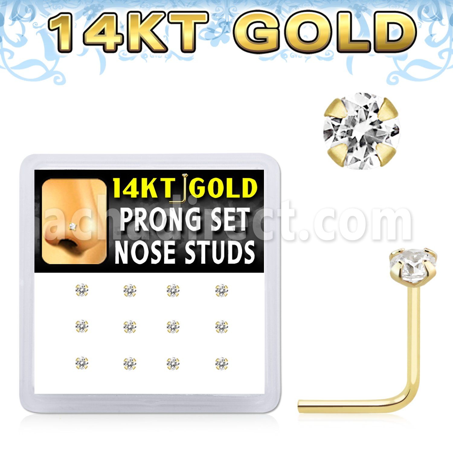 dgns6 14k gold nose studs 2mm clear cz prong 12pcs