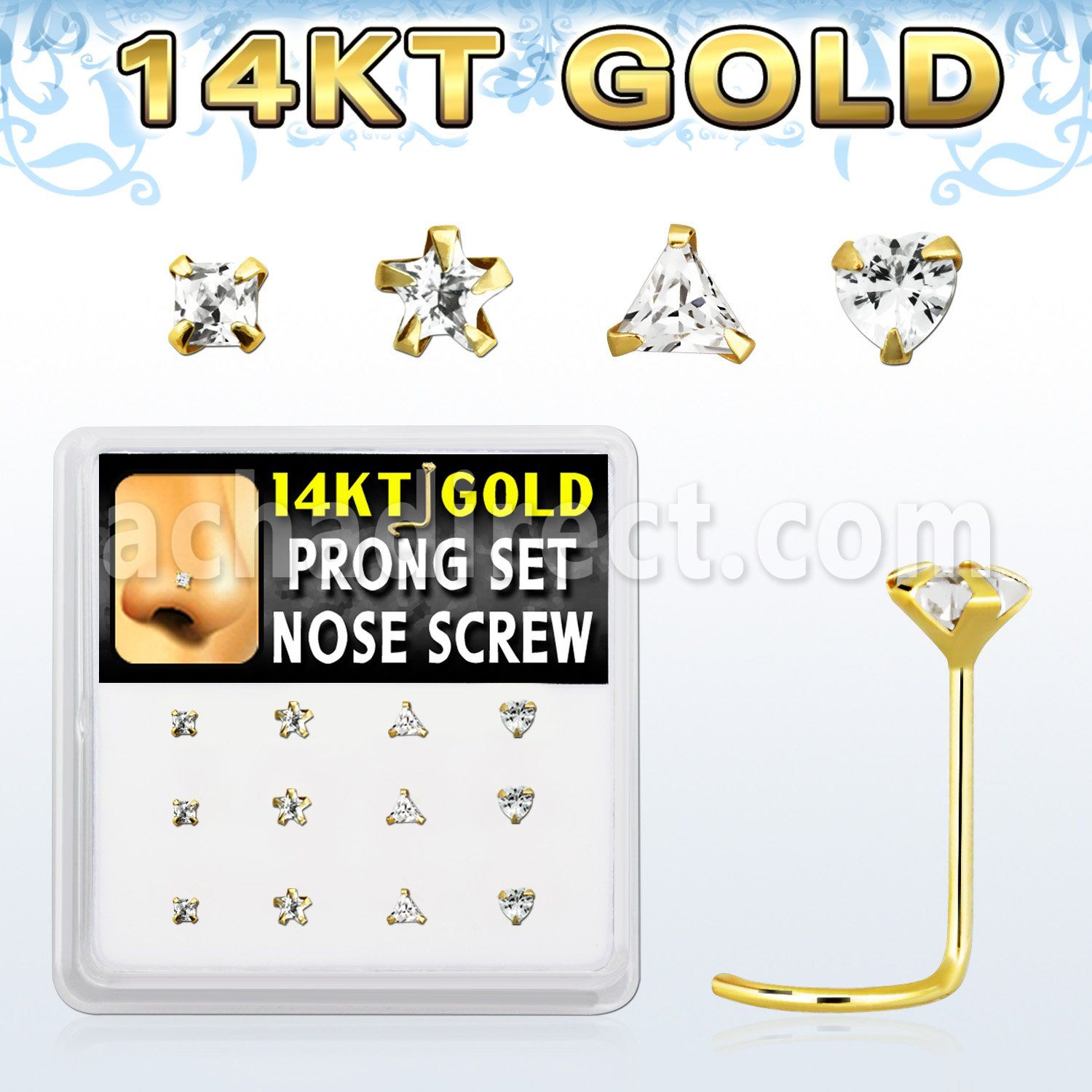dgsc13 caja 12 piercing nariz l oro 14 kts 0 6mm zirconia claras 3mm formas cuadrada estrella tri corazon venta