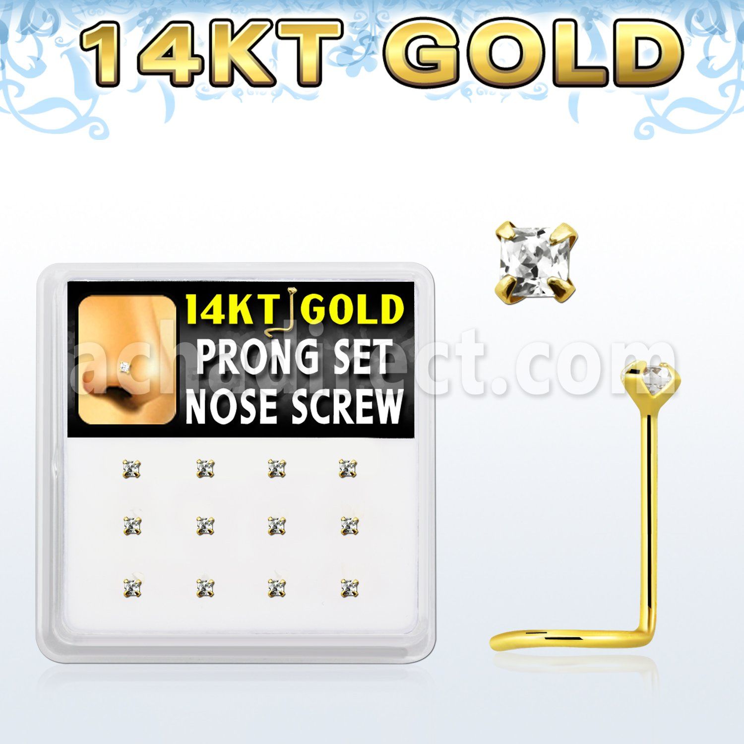 dgsc6 caja display 12 piercing nariz l oro 14 kts 0 6mm zirconia clara cuadrada 2mm distribuidor