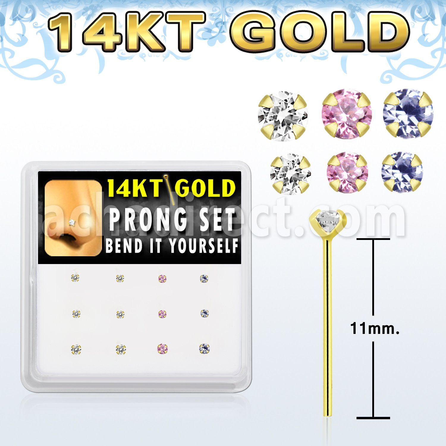 dgys12 caja 12 piercing nariz doblar tu mismo oro 14 kts 0 6mm zirconia redonda 1 5mm & 2mm al por mayor