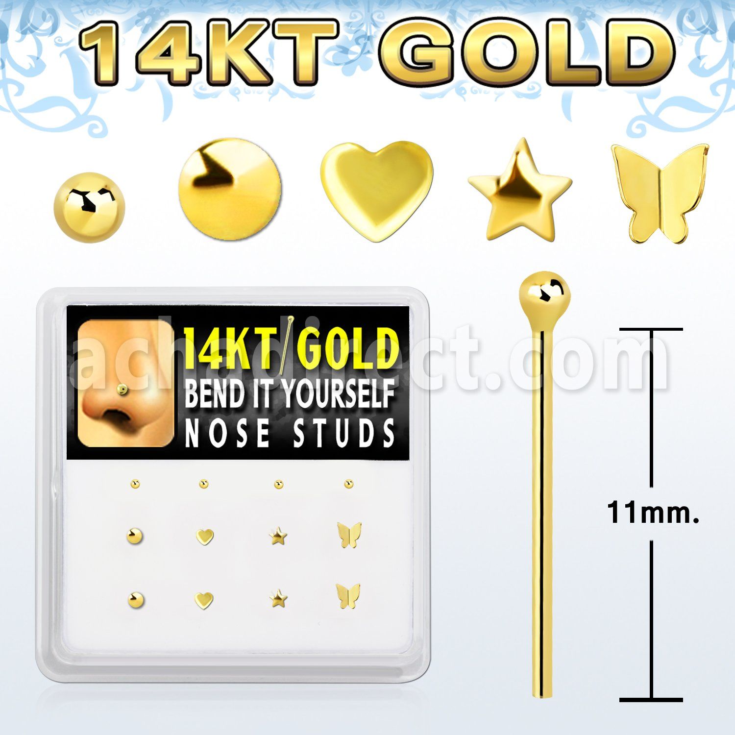 dgys16 caja display 12 piercing nariz doblar tu mismo oro 14 kts formas bola estrella redonda corazon mariposa al por mayor