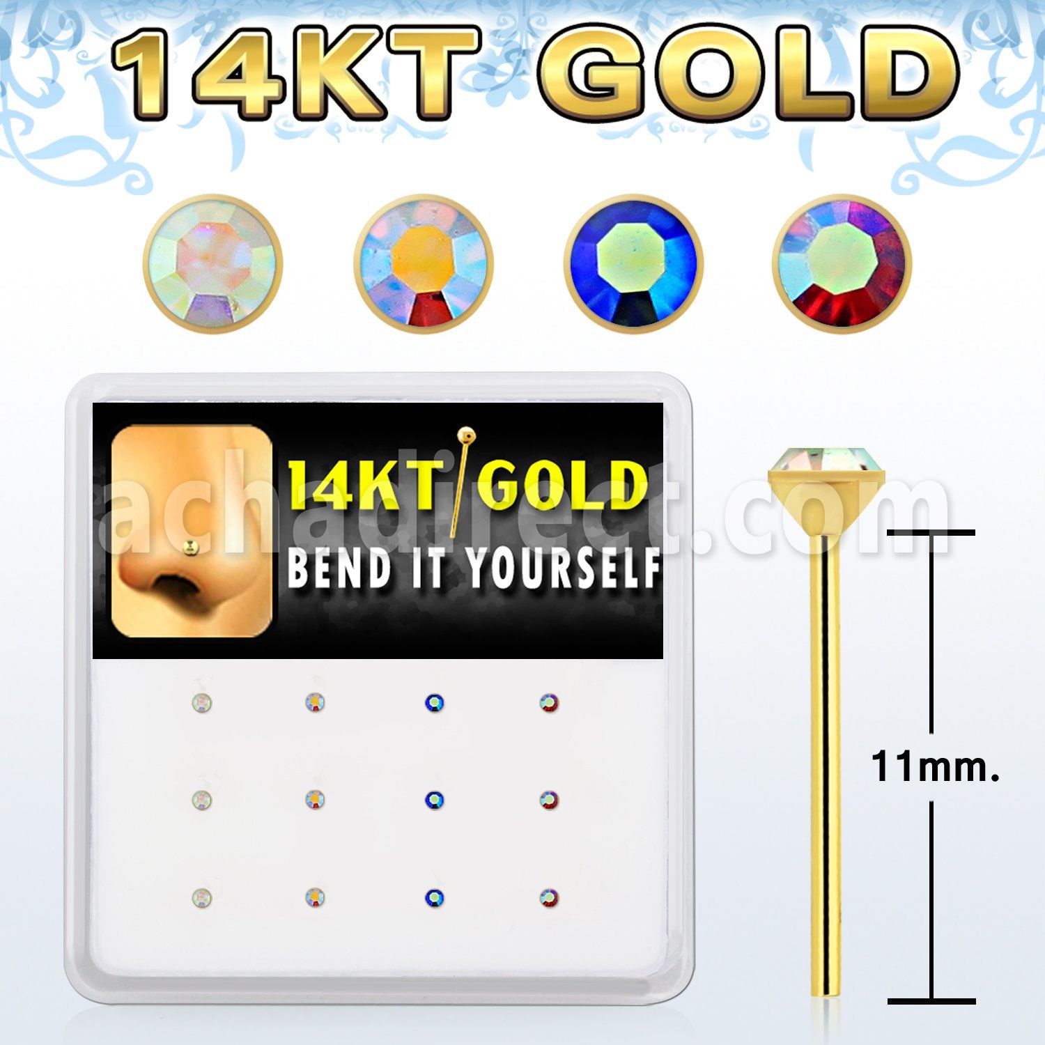 dgys28 caja 12 piercing nariz doblar tu mismo oro 14 kts 0 6mm cristal redondo 1 5mm venta por mayor