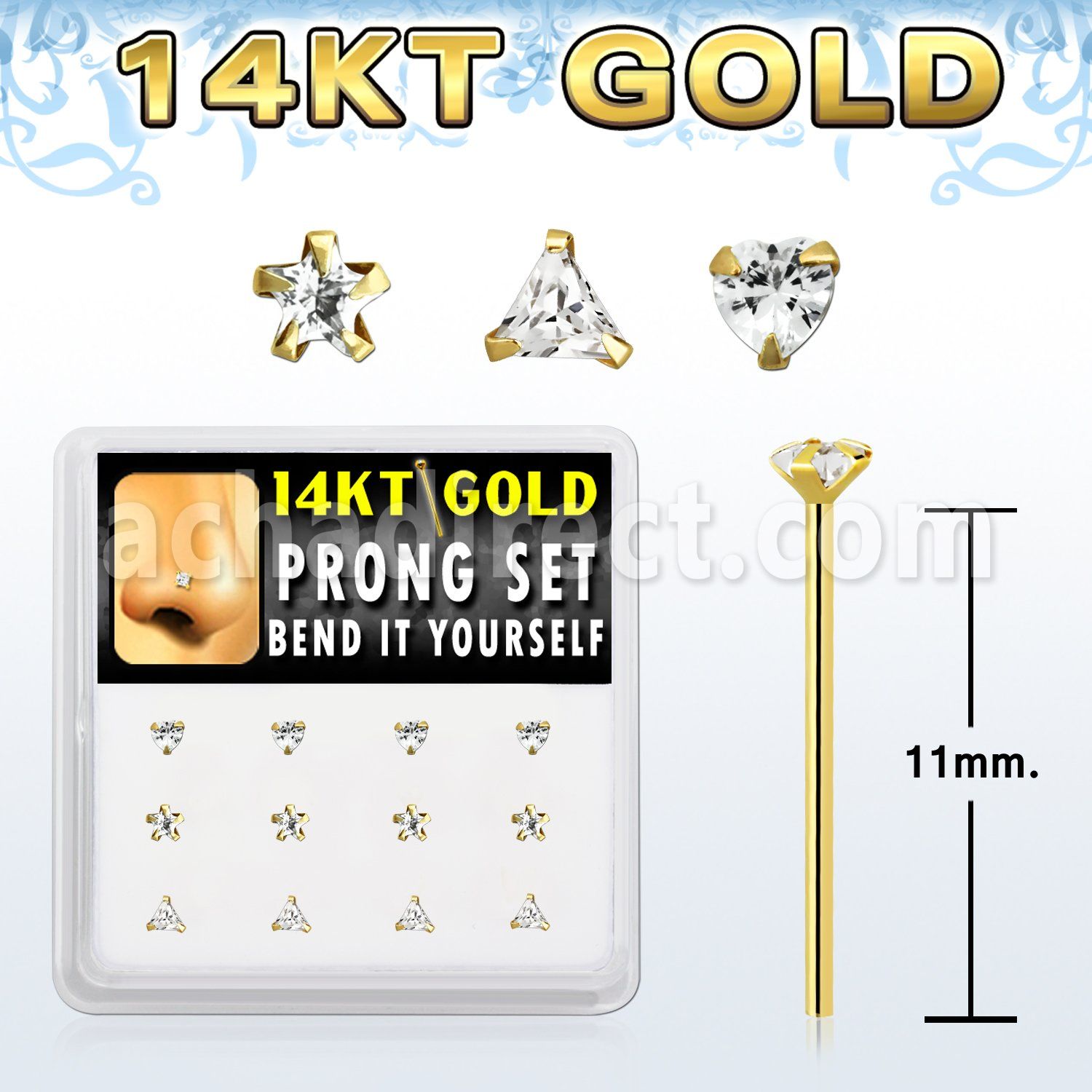 dgys7 caja display 12 piercing nariz doblar tu mismo oro 14 kts 0 6mm zirconia 3mm formas estrella tri corazon distribuidor mayorista