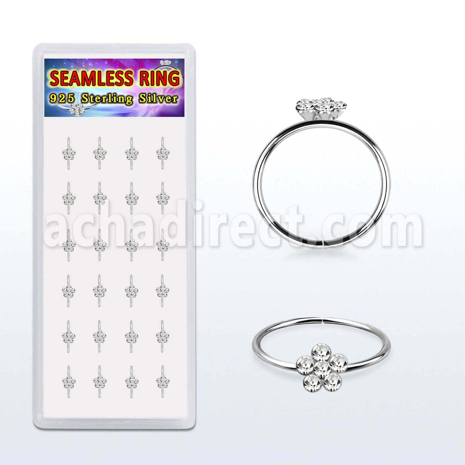 dhfc24 display box 24 aro nariz contInuo plata 925 0 6mm cristal flor medio 10mm mayorista