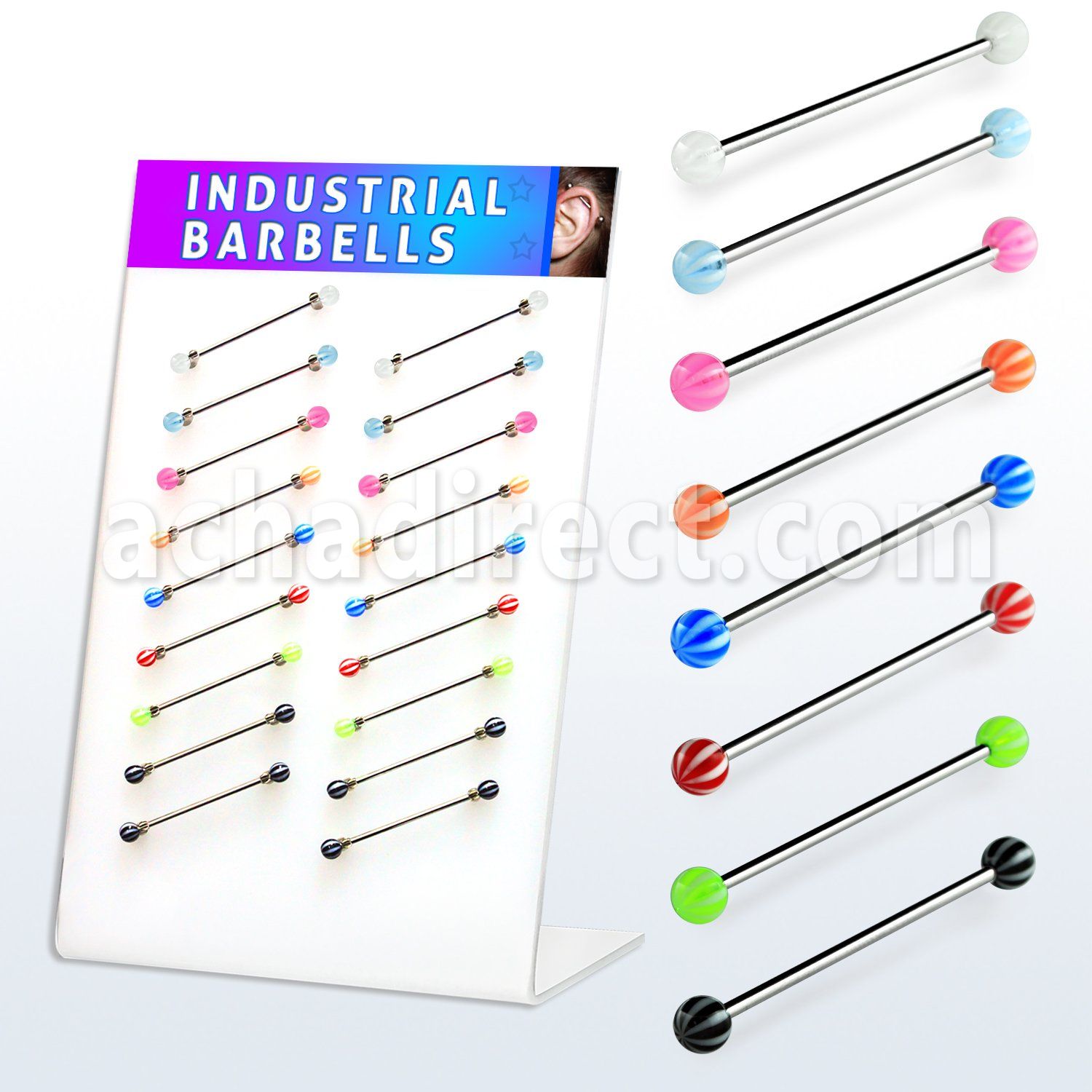 dind10 display 18 barbells industriales acero 316l bola pelota playa acrilico uv distribuidor mayorista