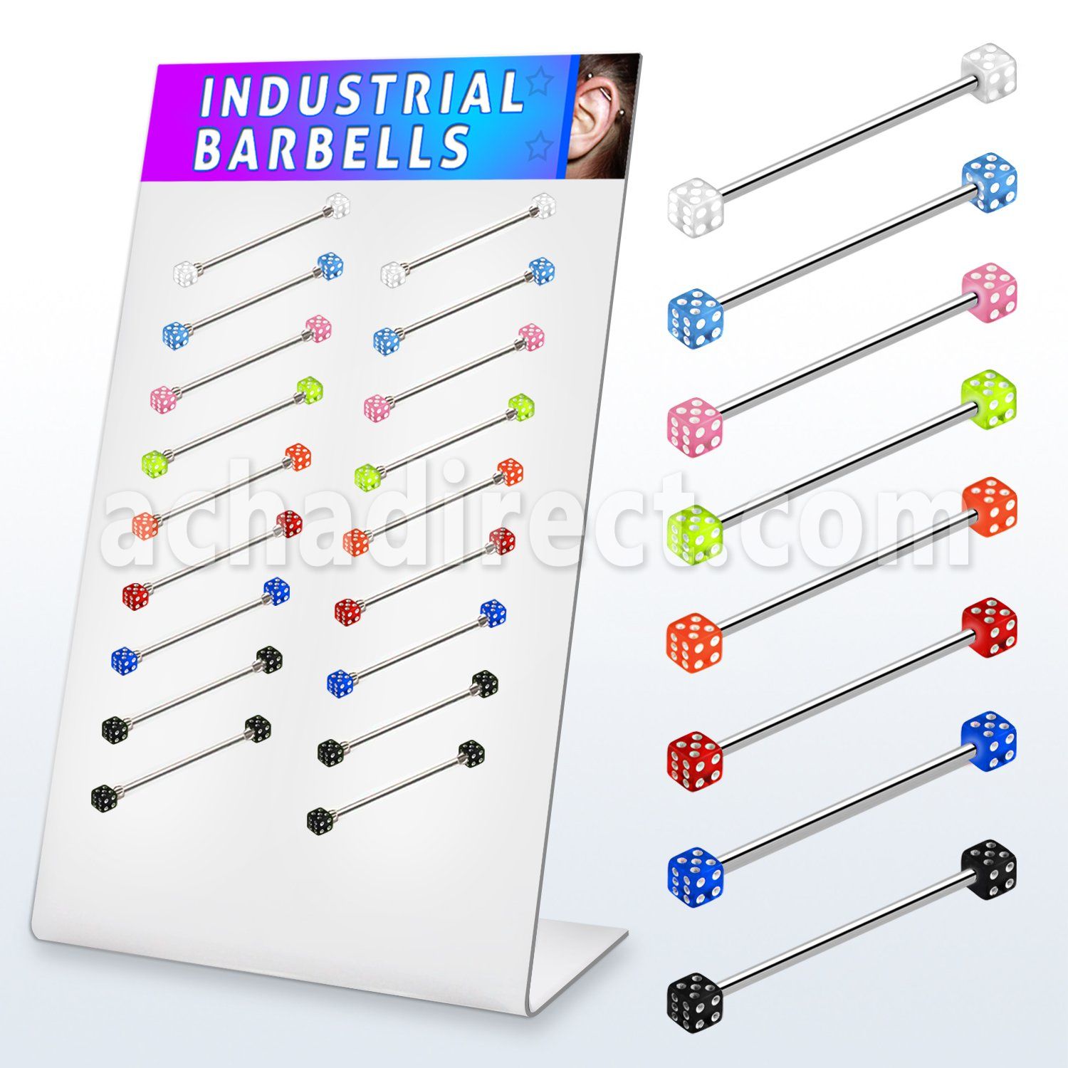 dind13 display 18 barbells industriales acero 316l dados acrilico uv 4mm 35mm 38mm distribuidor