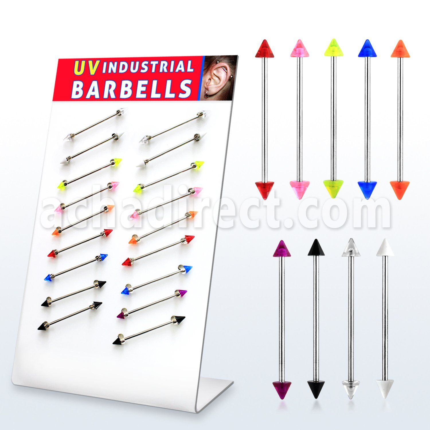 dind17 display 18 barbells industriales acero 316l conos acrilico uv distribuidor mayorista