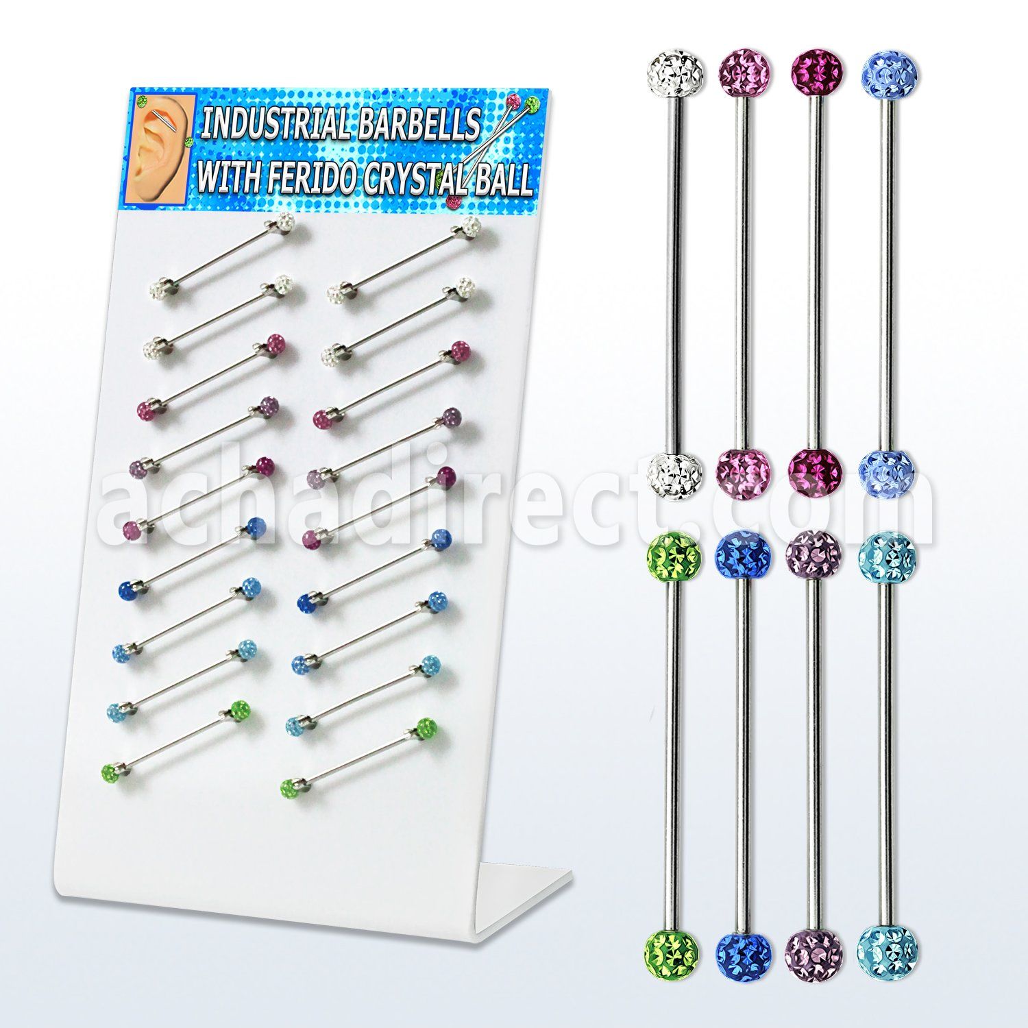 dind18 display 18 barbells industriales acero 316l bolas multi cristal ferido 5mm 35mm 38mm distribuidor mayorista