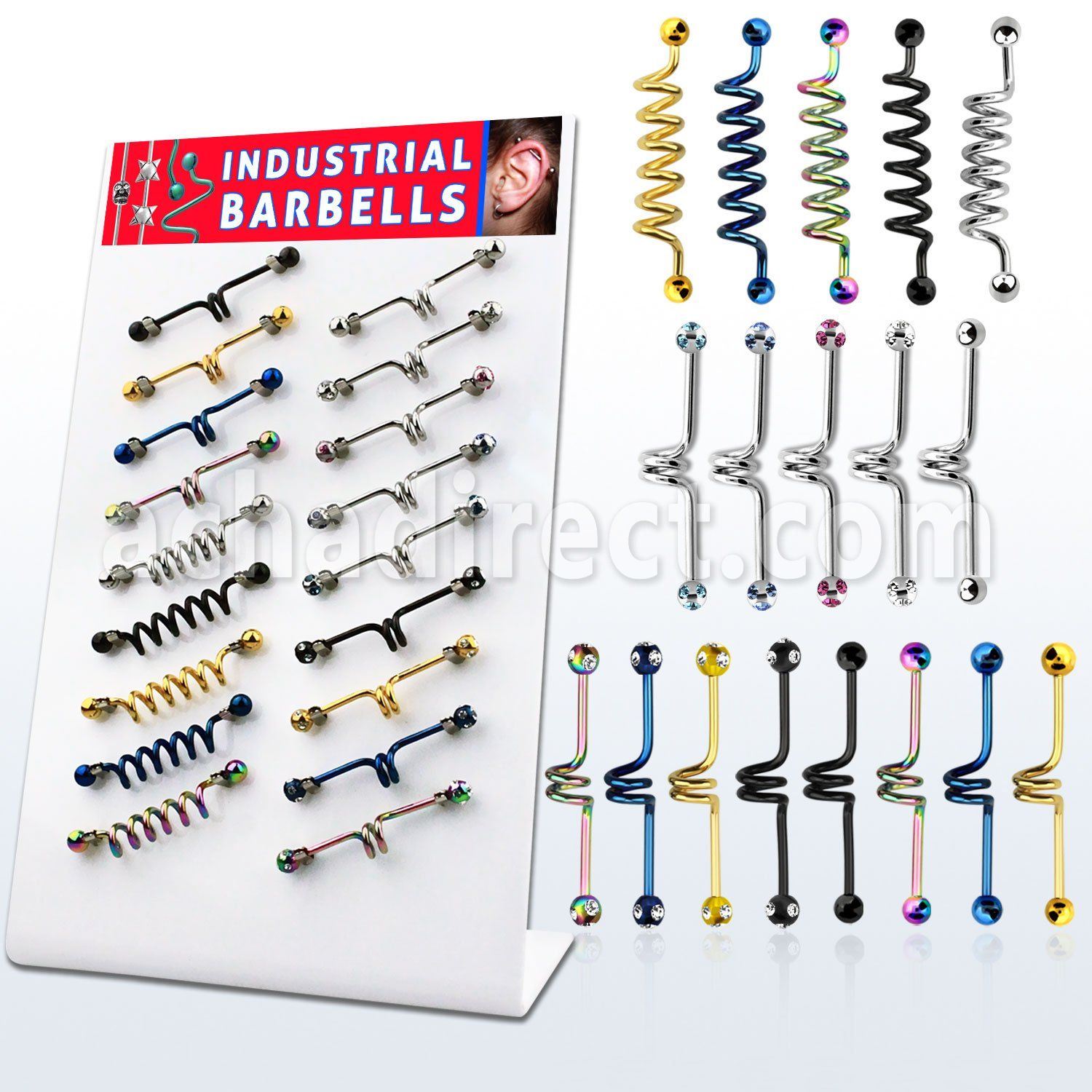 dind20 display 18 barbells industriales zig zag barbells corazon brillo espejo 316l acero 316l pvd bolas multi joya distribuidor mayorista