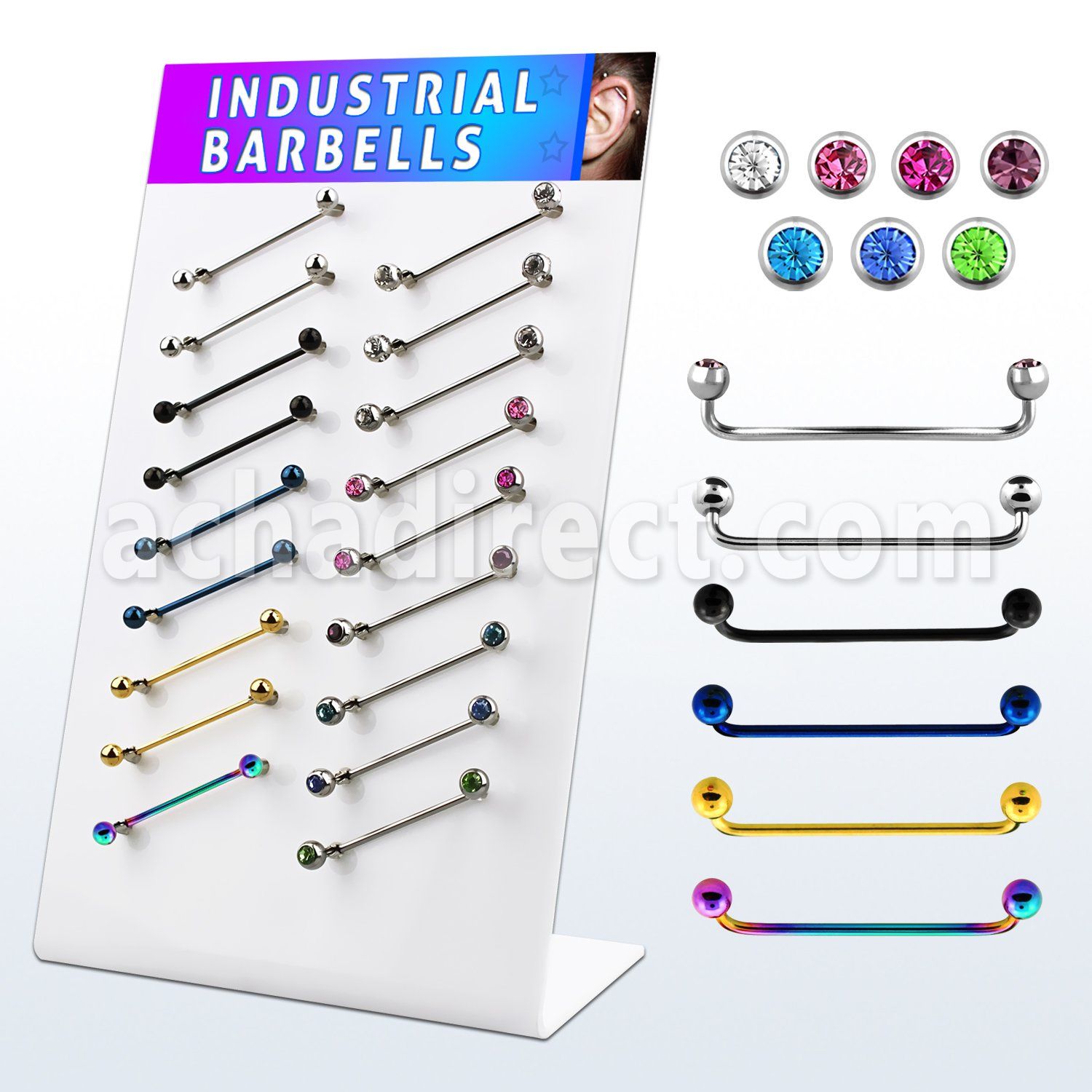 dind23 display 18 barbells superficiales industrial acero 316l brillo espejo pvd bolas 5mm 38mm mayorista