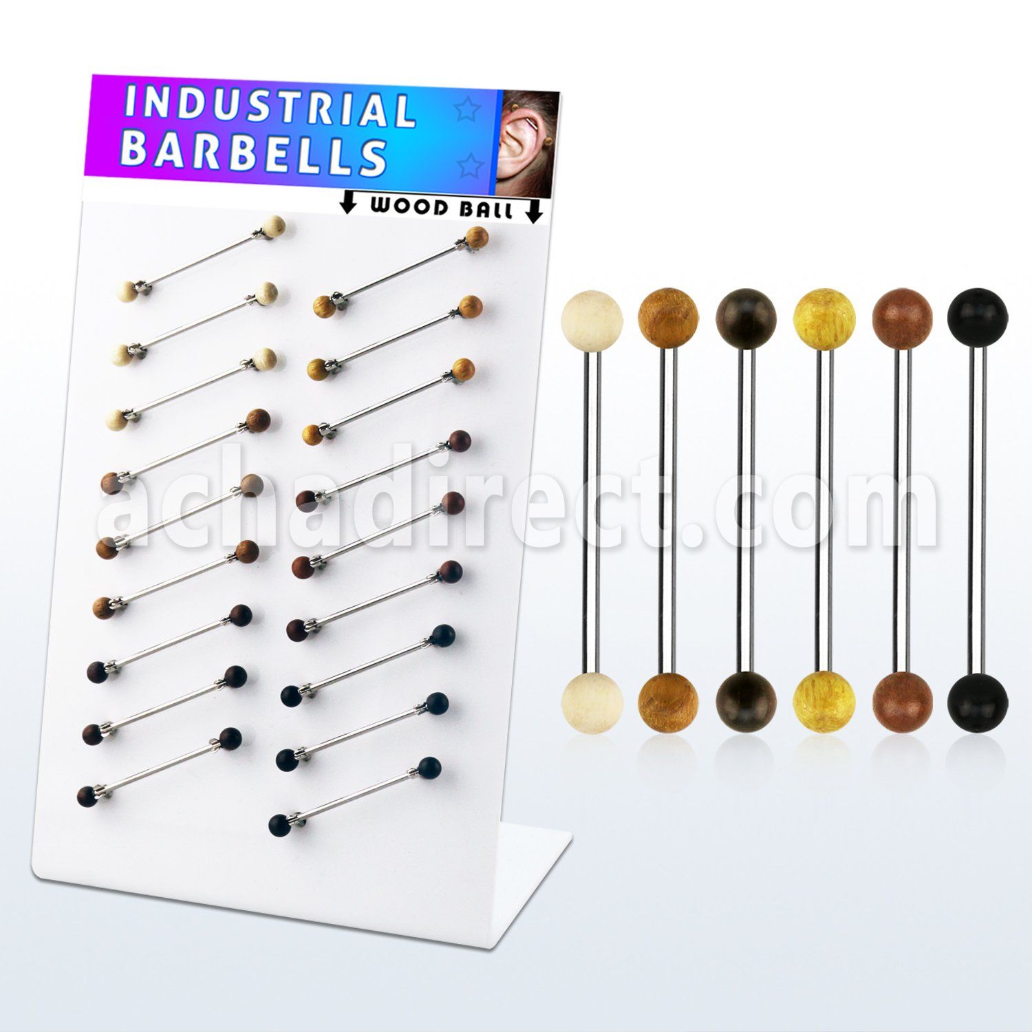 dind26 display 18 barbell industrial organico barra acero 316l bolas madera 5mm areng cocodrilo jaca sawo teca sono distribuidor