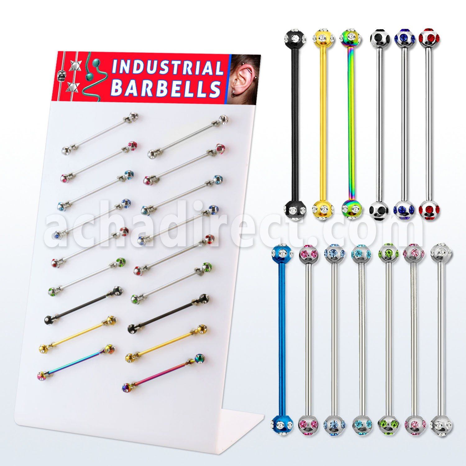 dind2 display 18 barbells industriales acero 316l pvd negro brillo espejo bolas multi joya 5mm 38mm al por mayor