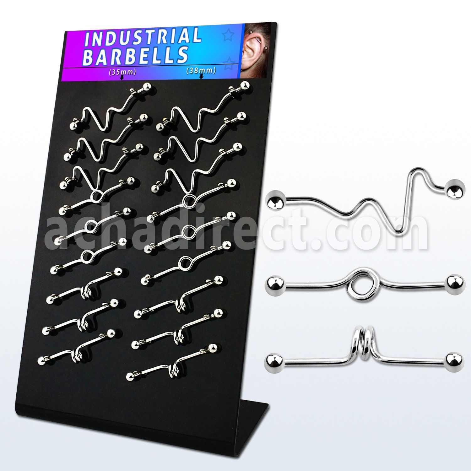 dind7 display acrilico negro 18 barbells industriales acero 316l barras corazon aro espiral bolas acero al por mayor