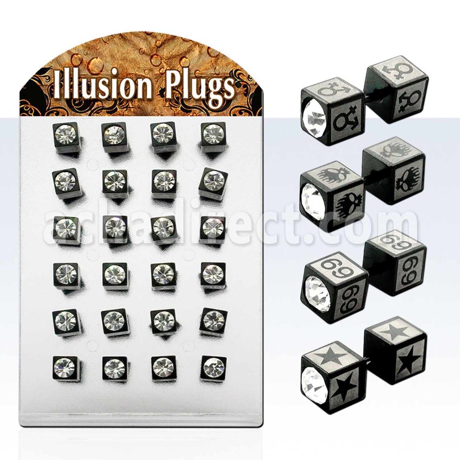 diptqc display 24 plugs falsos acero anodizados negros cuadrados cristal claros centro disenos variados 8mm mayorista