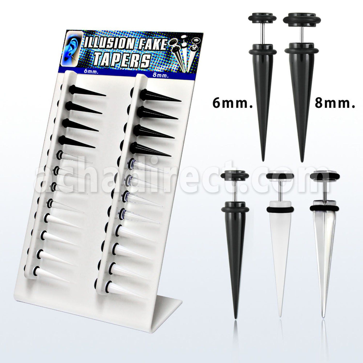 divtp2 display 24 expansores falsos acrilicos 6mm 8mm anillos goma negro blanco transparente 6 8mm mayorista