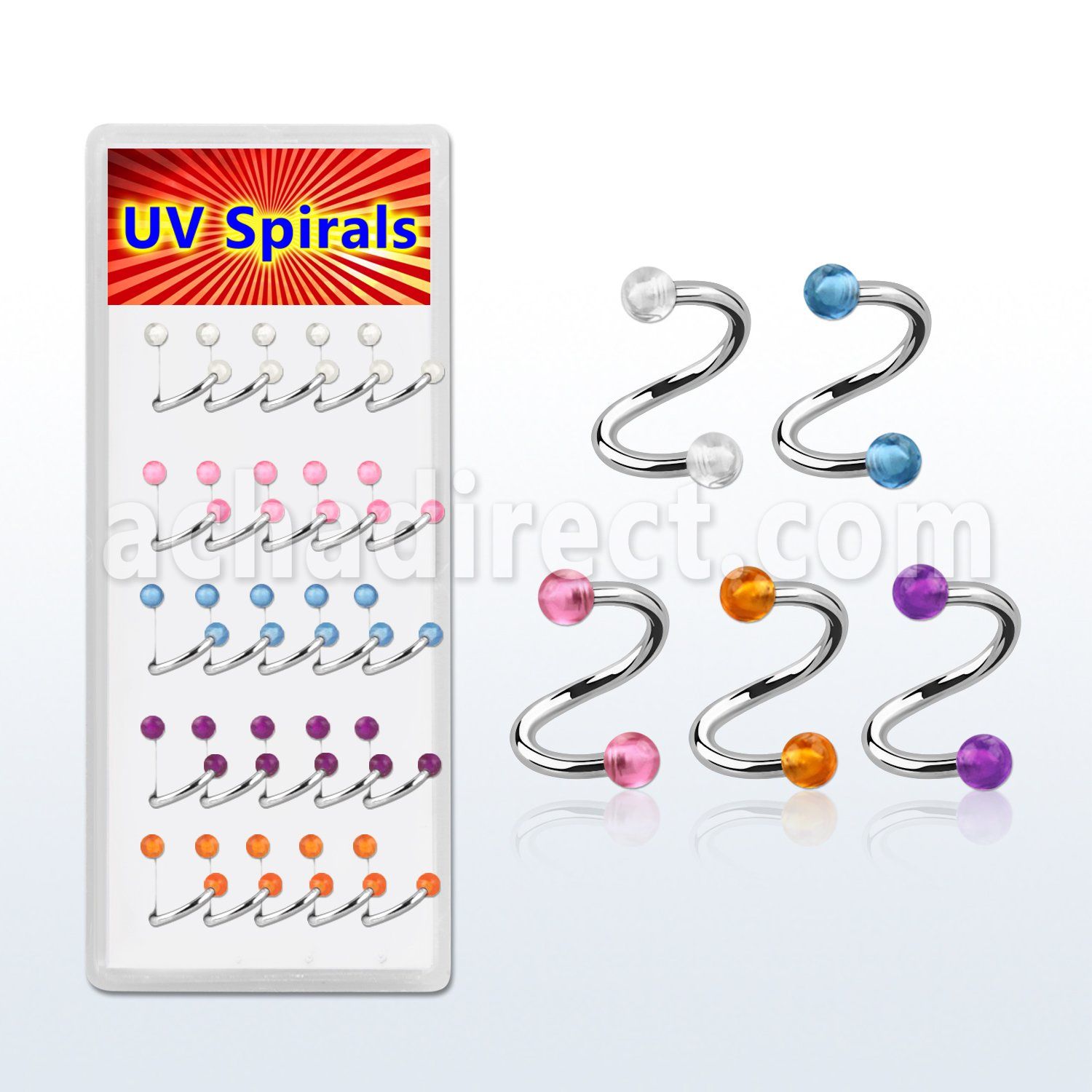 djspe8 caja 25 espirales ceja acero quirurgico bolas acrilico uv 3mm 8mm 10mm mayorista