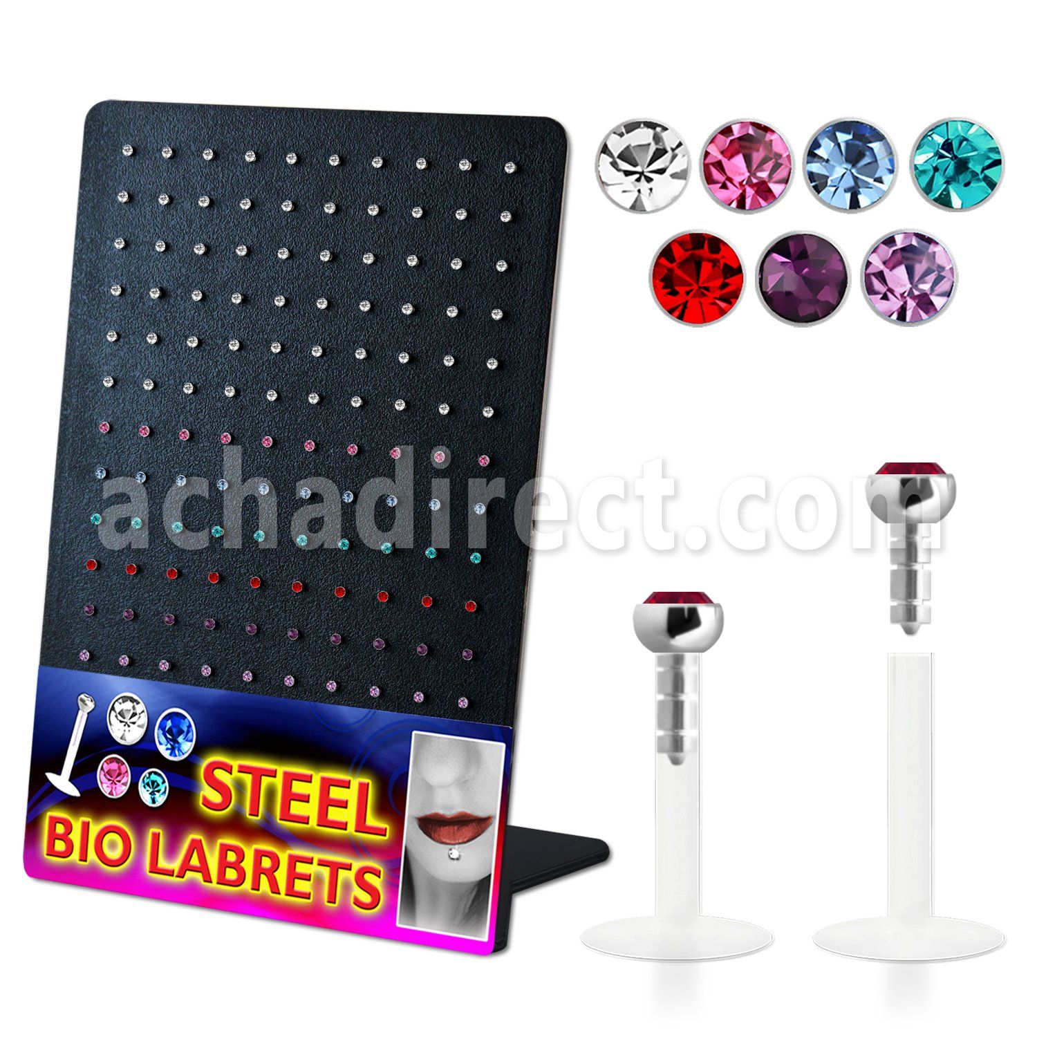 dlbijm display 120 labrets bio flexibles transparentes cabeza parte cristal 2mm presion distribuidor mayorista