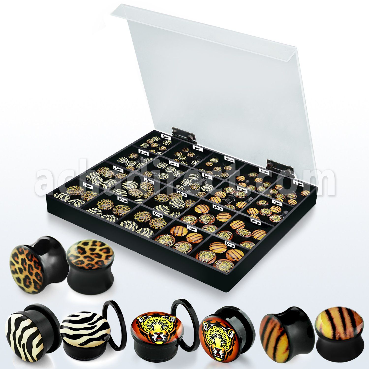 dmbj35 display 138 dilatacones plug acrilicas tornillo dilataciones plugs logos disenos piel animales 6mm 14mm venta