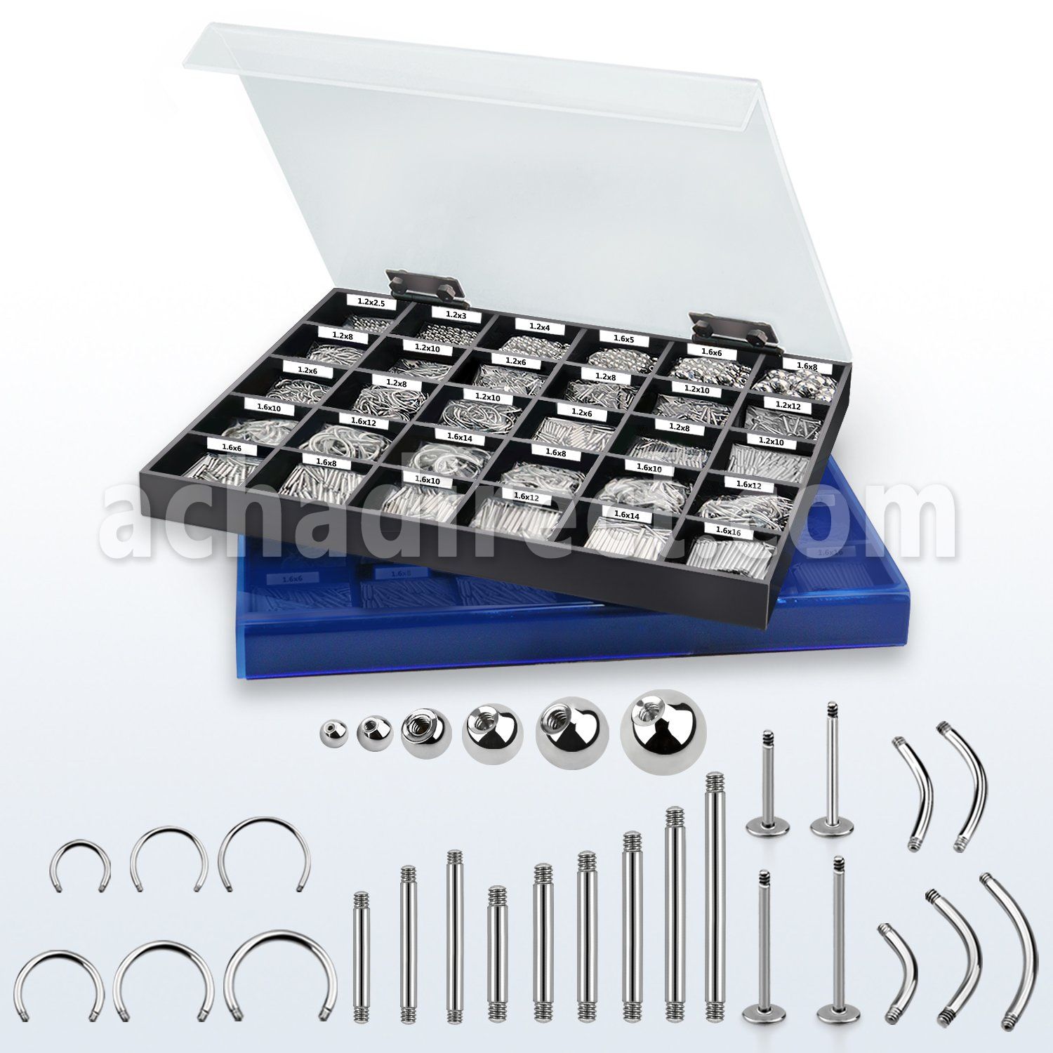 dmbj37 caja display 2000 partes piercings acero quirurgico cubierta clara azul claro distribuidor