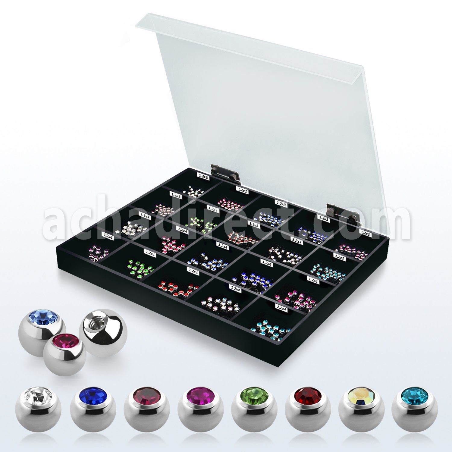 dmbj5 caja display 500 bolas joya bisel 3mm 4mm rosca mayorista