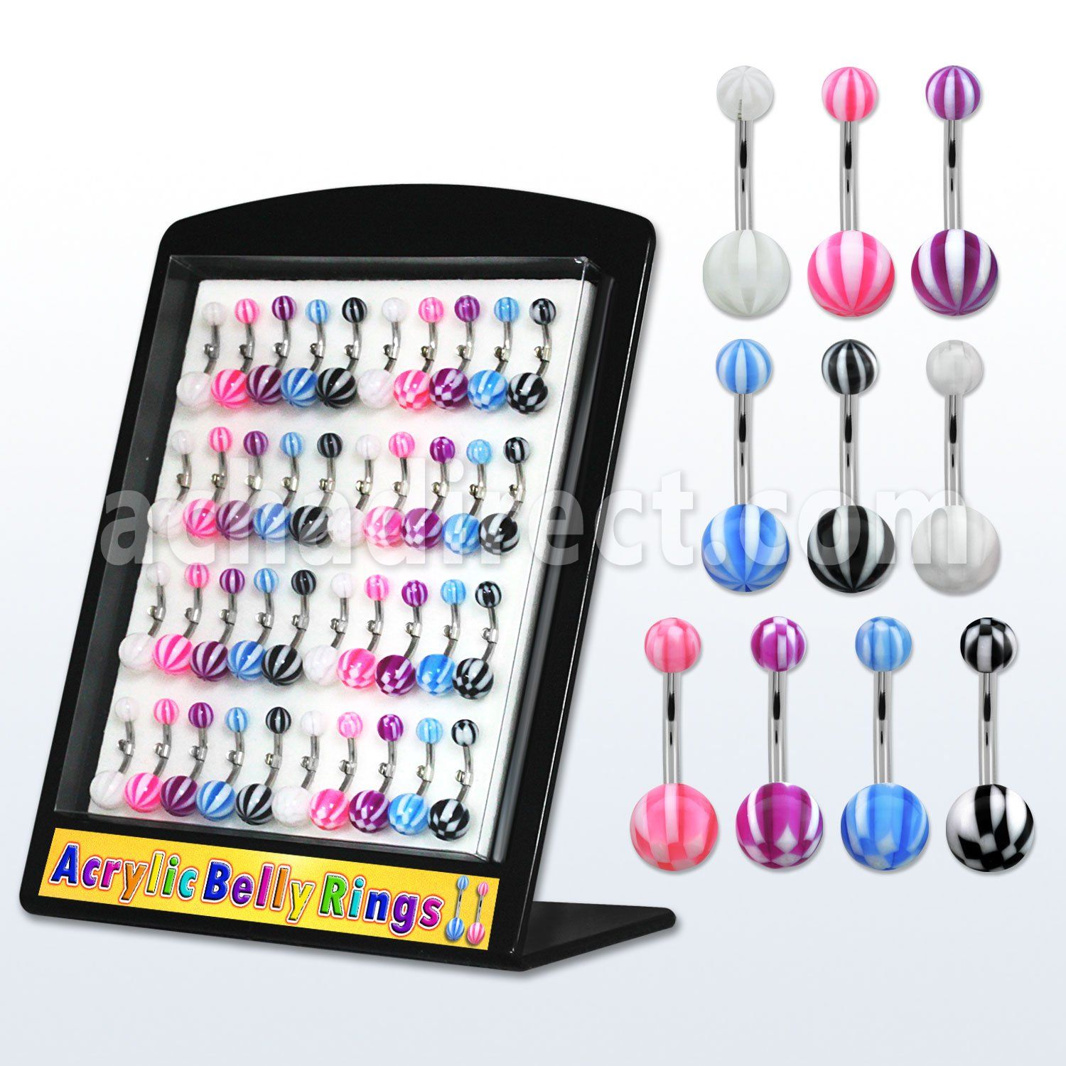 dmbna1 display 40 piercings ombligo acero quirurgico bolas acrilicas 5mm 8mm cuadros olas acrilicas 10mm mayorista