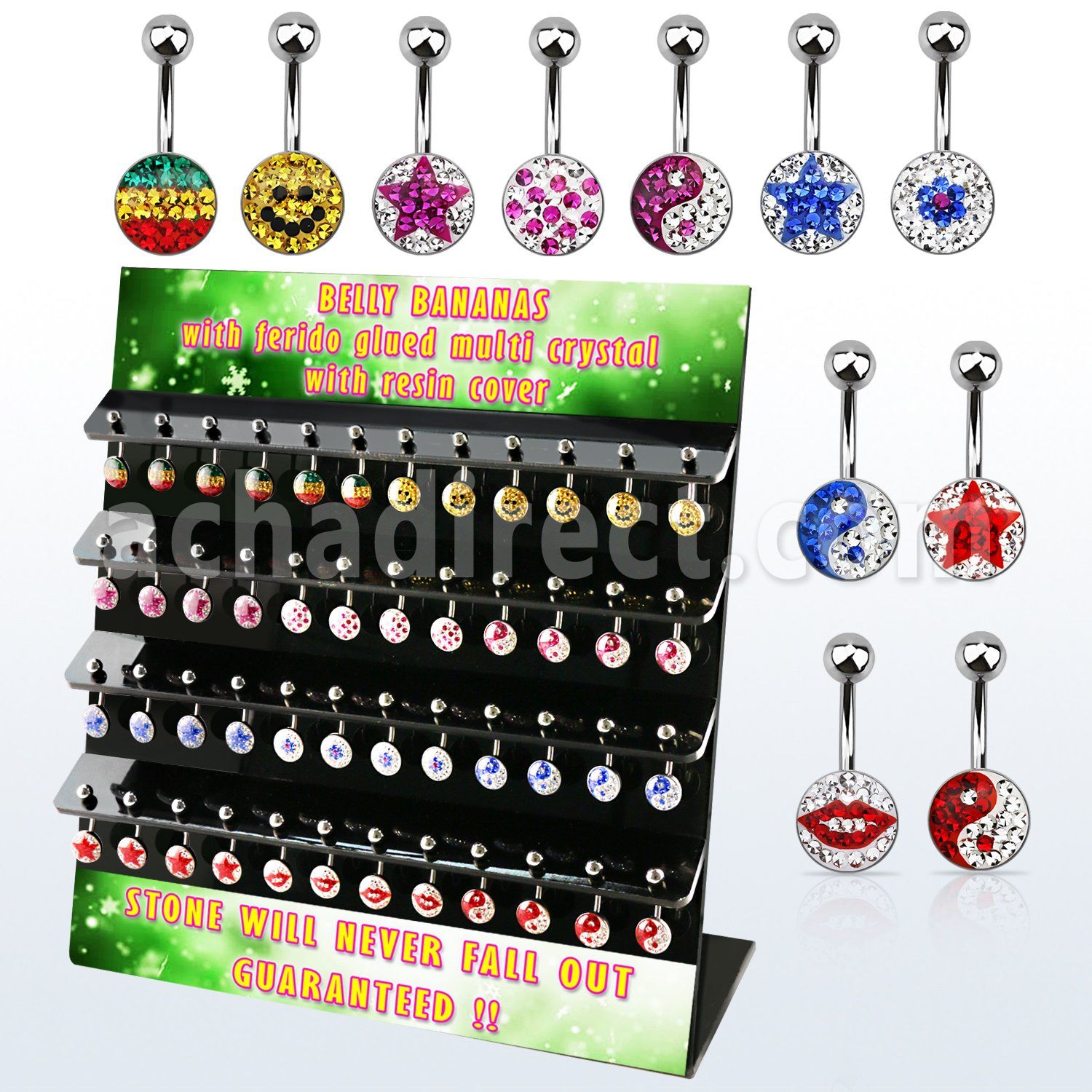 dmcd11 display 48 piercings ombligo acero 316l disco plano 10mm cristal ferido disenos variados 10mm mayorista