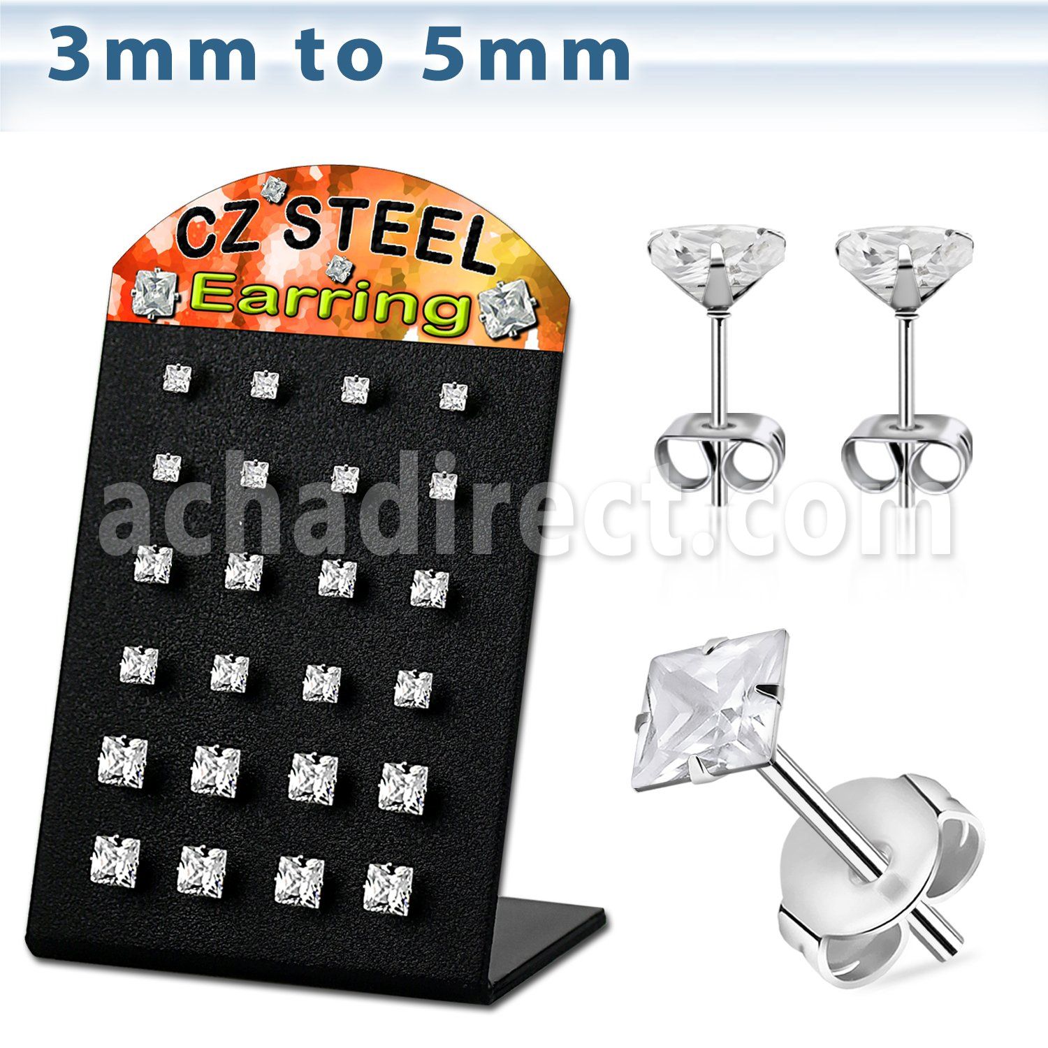 dmesq display 12 pares piercings oreja acero inoxidable zirconia claras cuadradas 3mm 5mm distribuidor