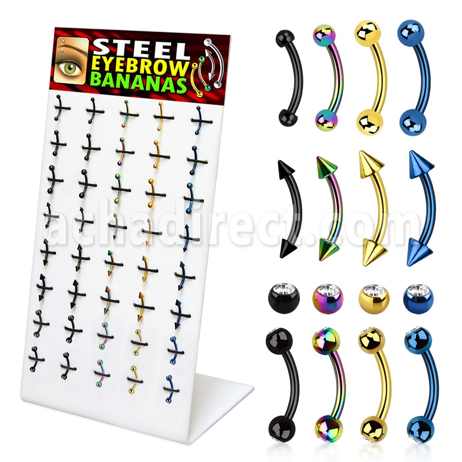 dmey2 display 40 anillos de bananas ceja acero anodizado mezirconia bolas conos bolas joya 8mm venta