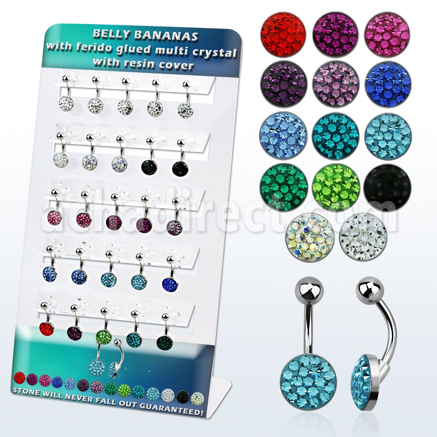 dmix14 display acrilico 25 piercings ombligo acero 316l disco plano 10mm cristal ferido bola acero liso 5mm venta
