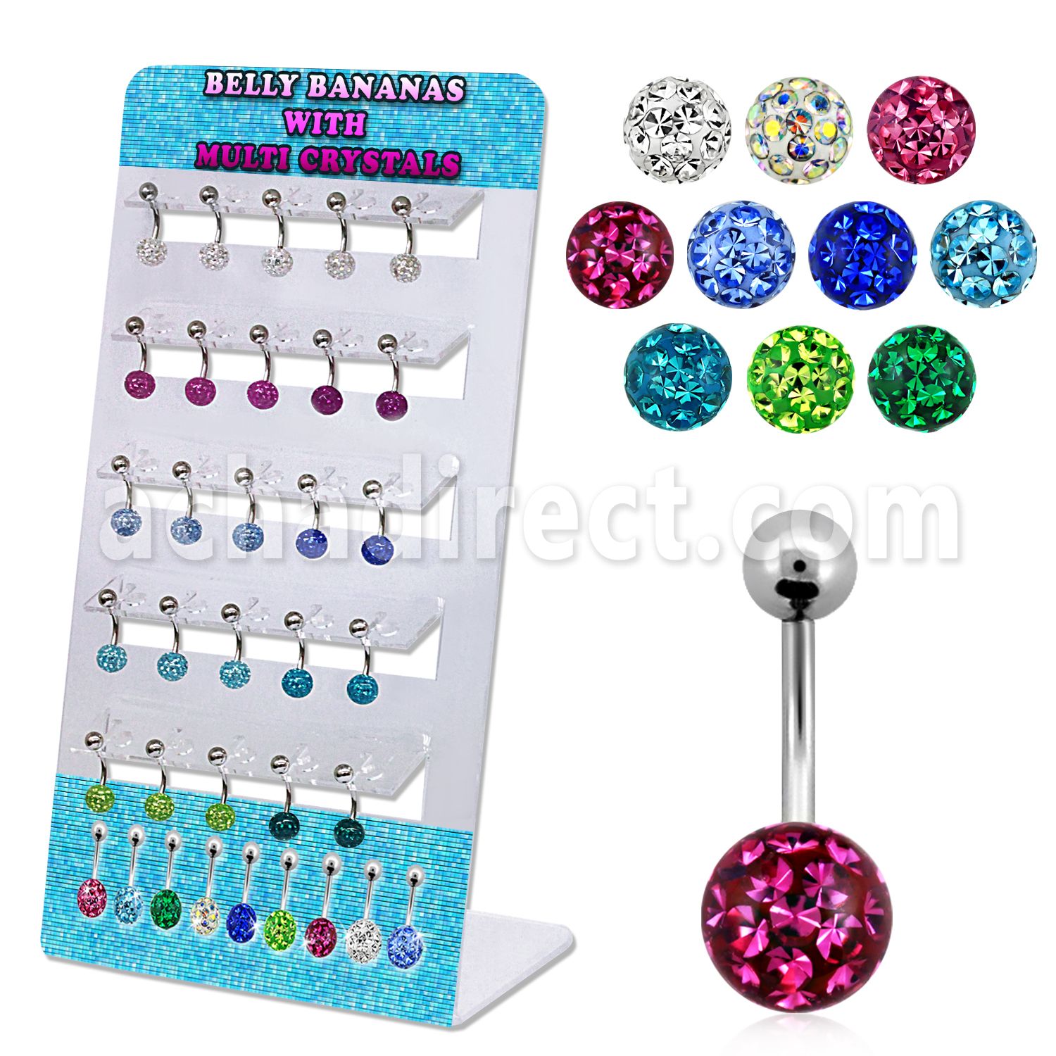 dmix3 display 25 piercings ombligo acero quirurgico bola acero 5mm bola 8mm multi cristal ferido 8mm 12mm al por mayor