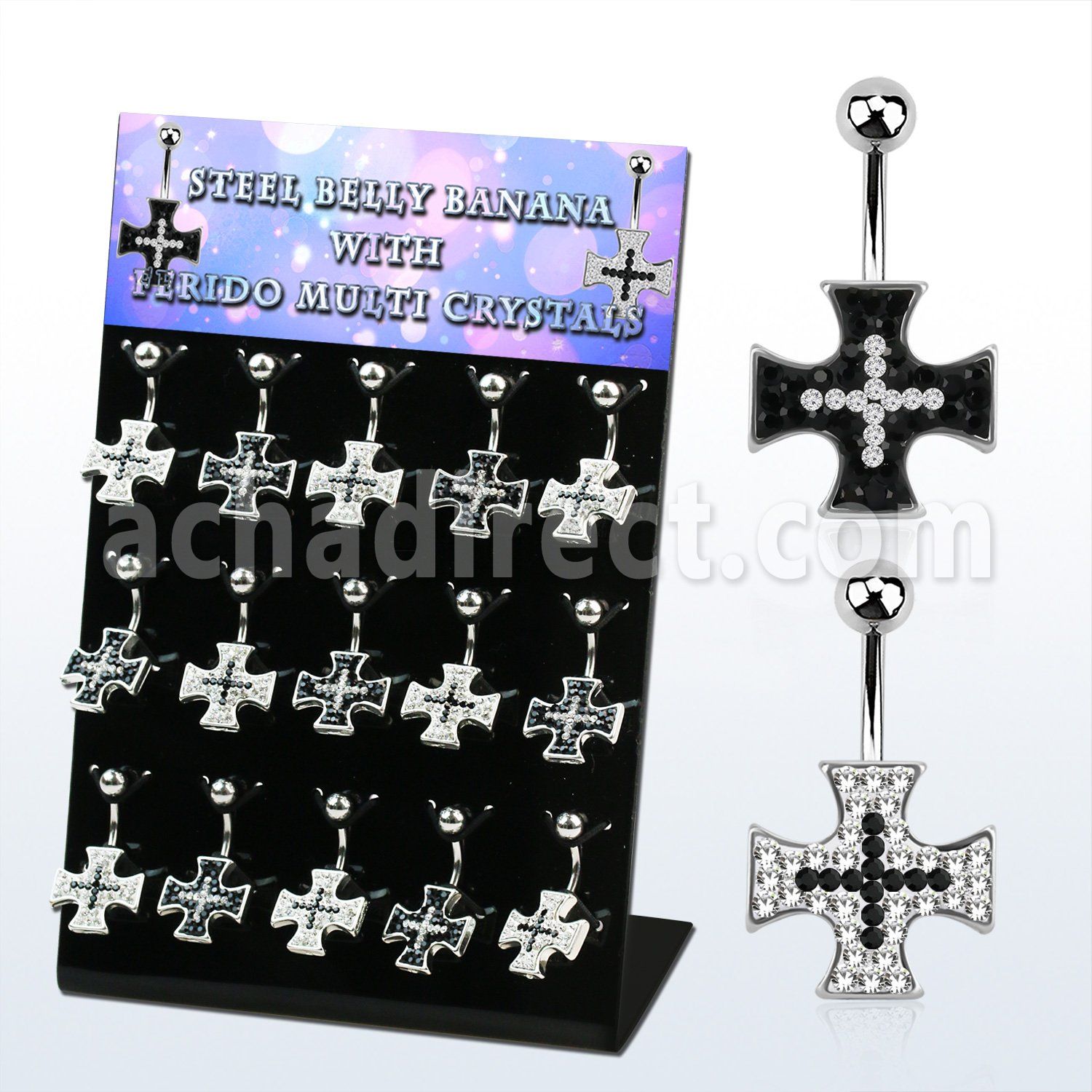 dmix7b display 15 piercings ombligo acero 316l cruz hierro cristal negros claros ferido 10mm mayorista