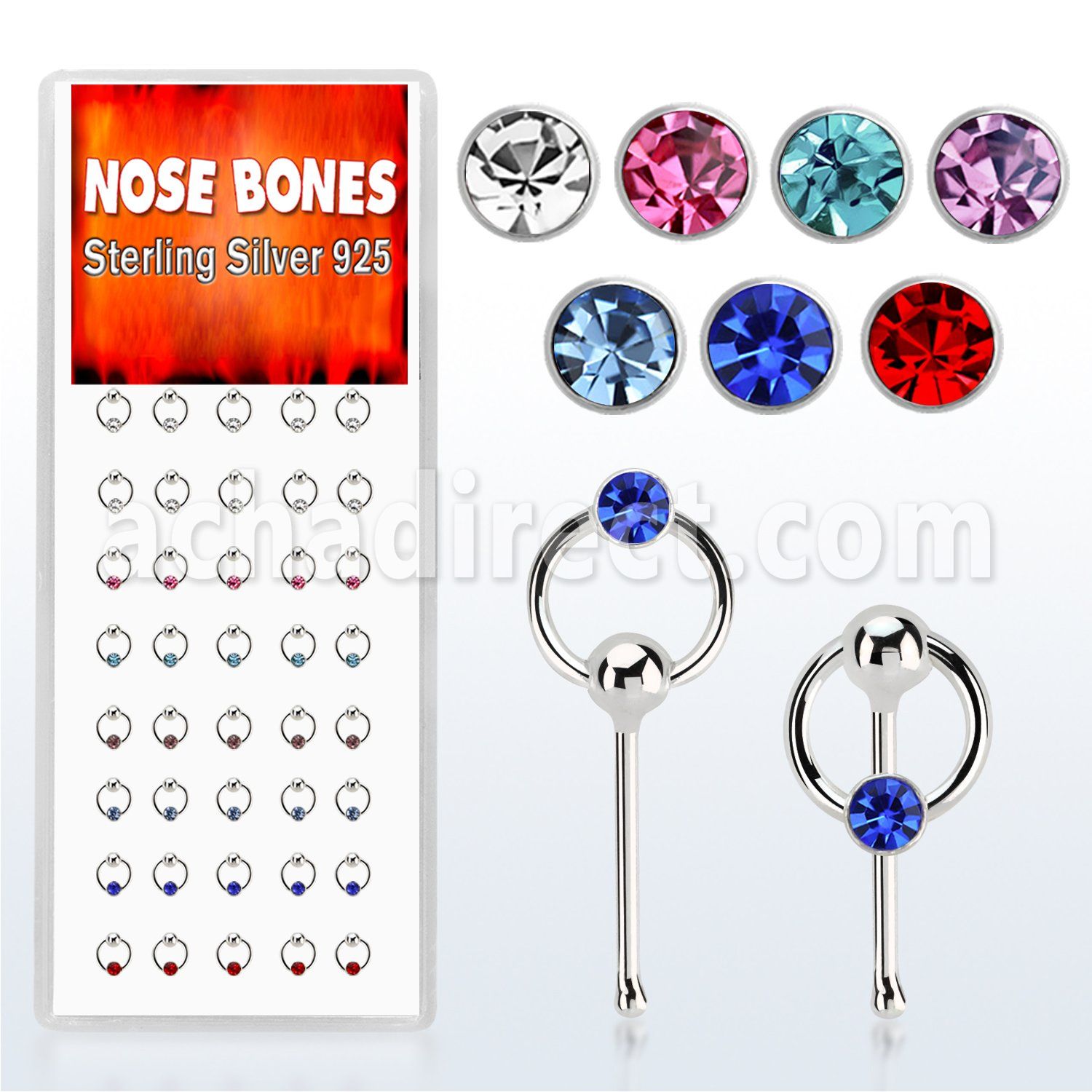 dnbrm1 caja display 40 piercing nariz hueso plata 0 6mm cristal redondo aro distribuidor mayorista