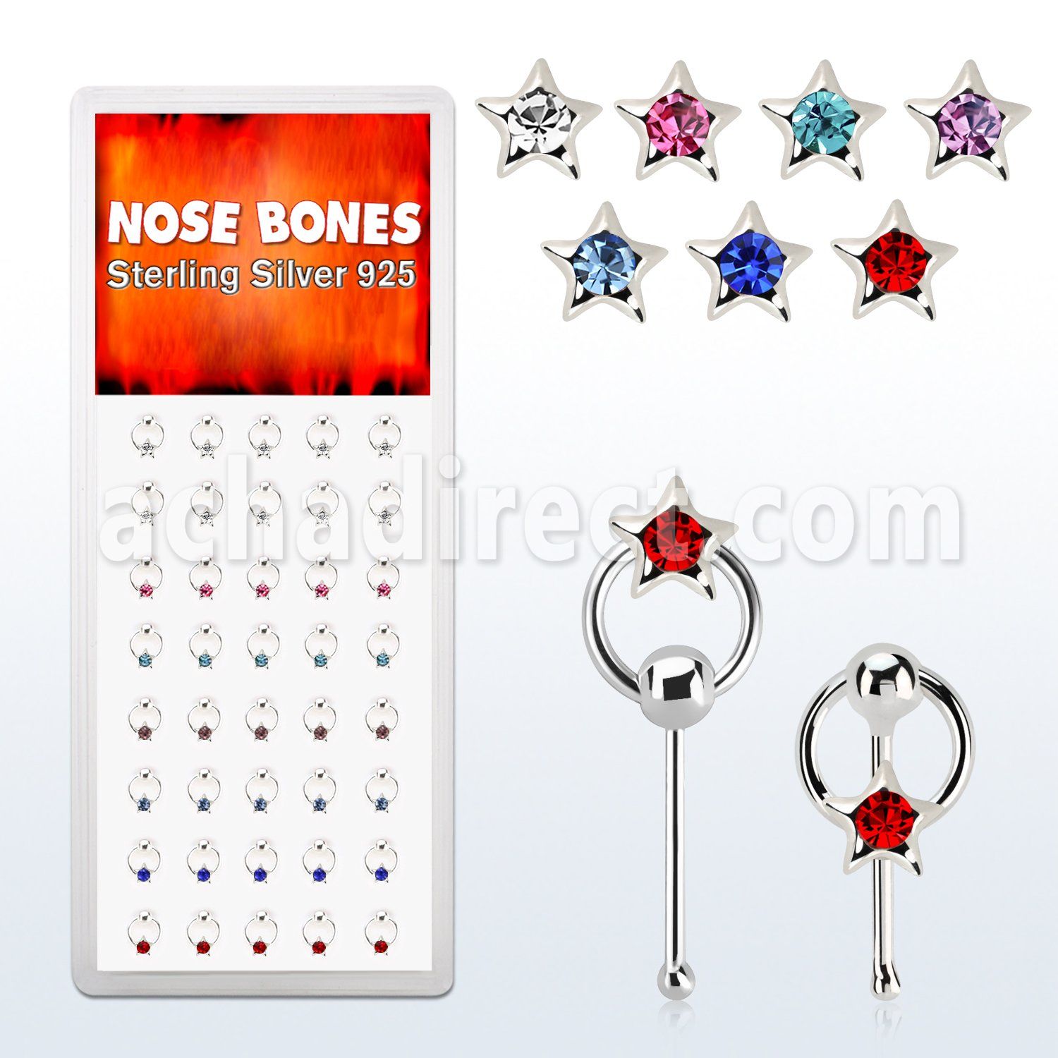 dnbrm3 caja display 40 piercing nariz hueso plata 0 6mm estrella cristal centro redondo aro mayorista
