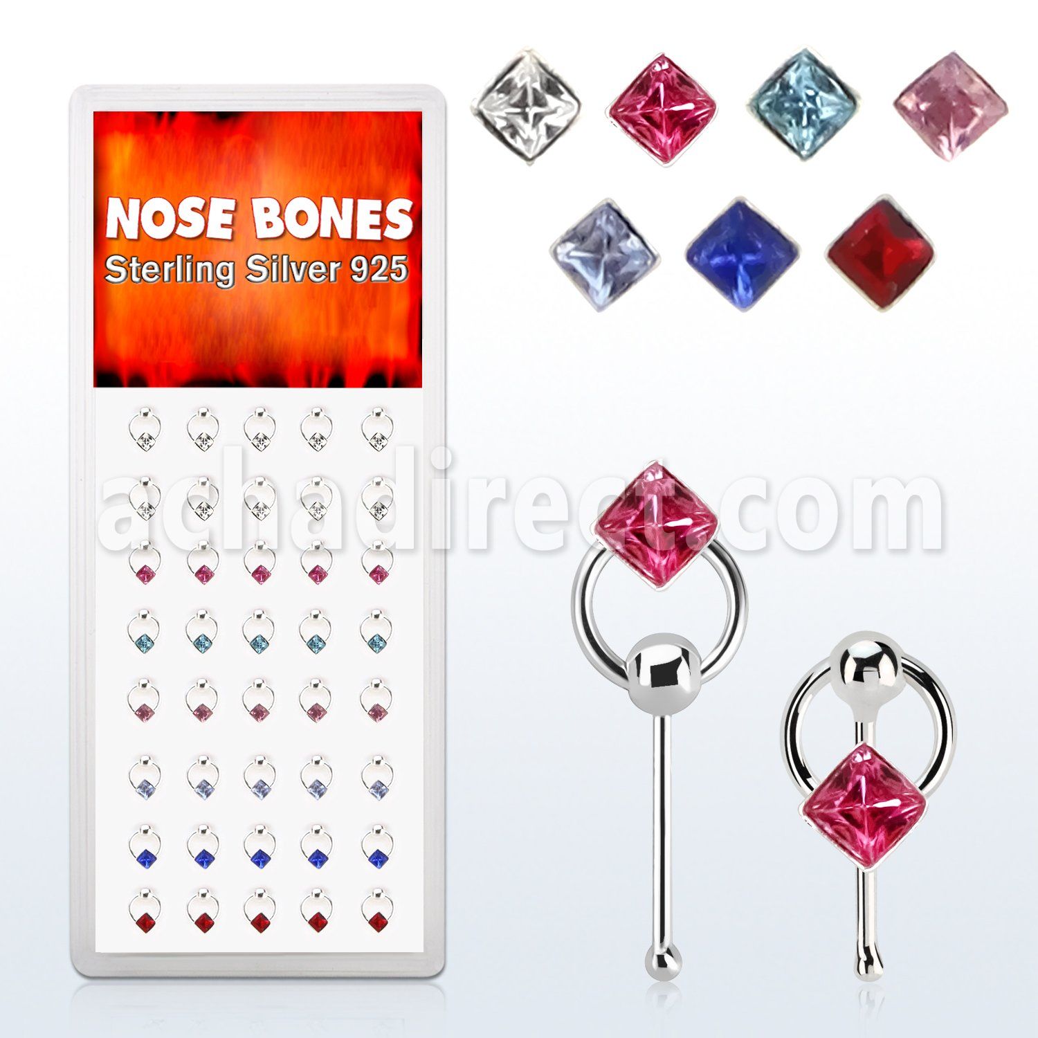 dnbrm5 caja display 40 piercing nariz hueso plata 0 6mm cristal cuadrados aro distribuidor mayorista