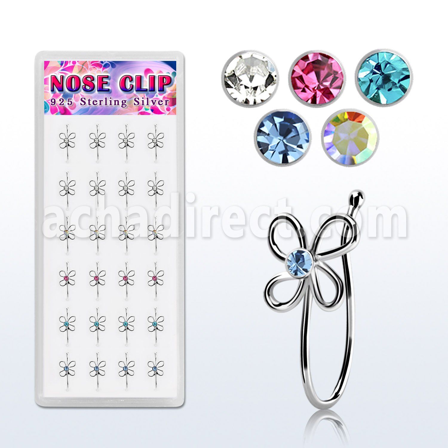 dncl2 caja display 24 piercings nariz clip plata 925 flor alambre 4 petalos cristal centro distribuidor