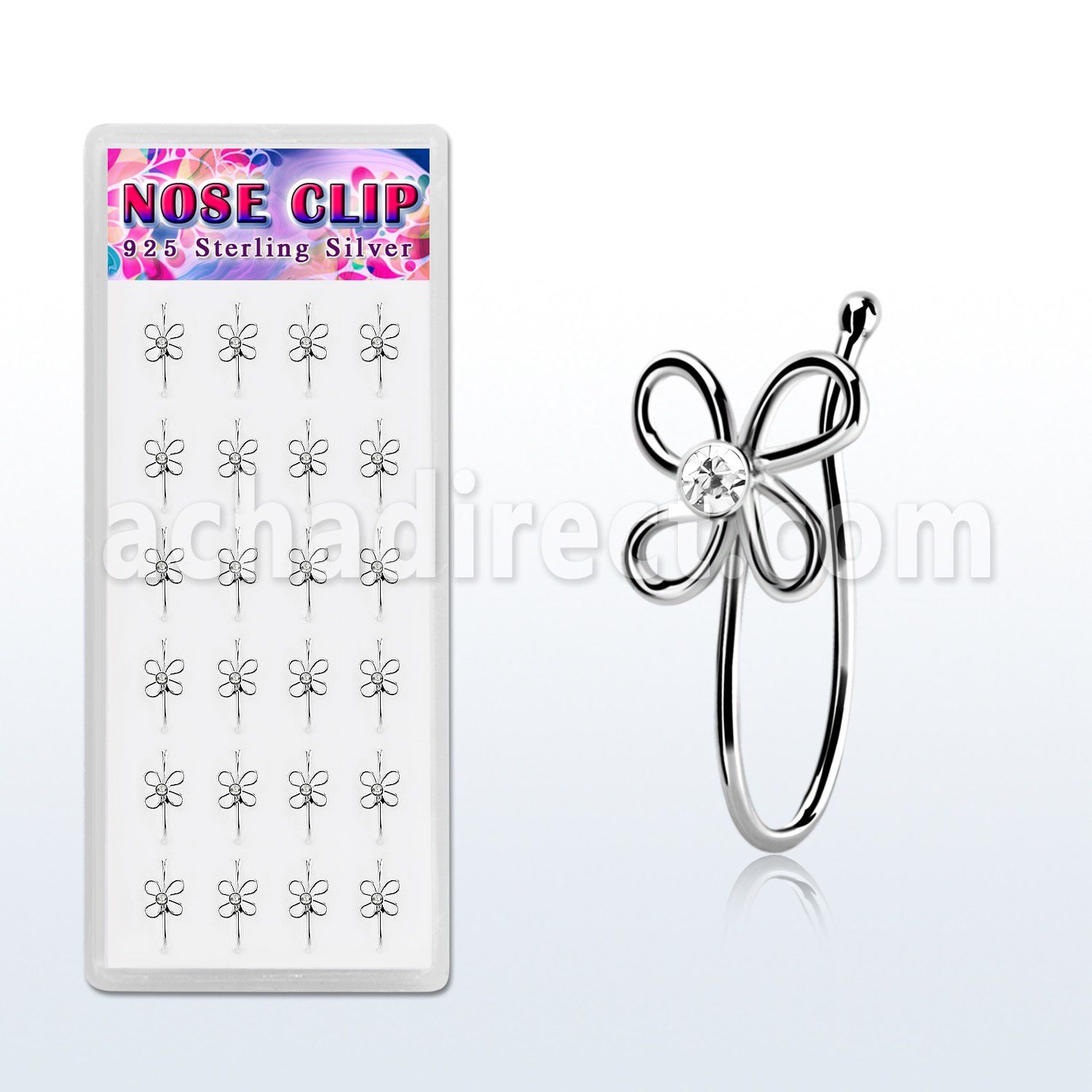 dncl2c caja display 24 piercings nariz clip plata 925 flor alambre 4 petalos cristal centro venta