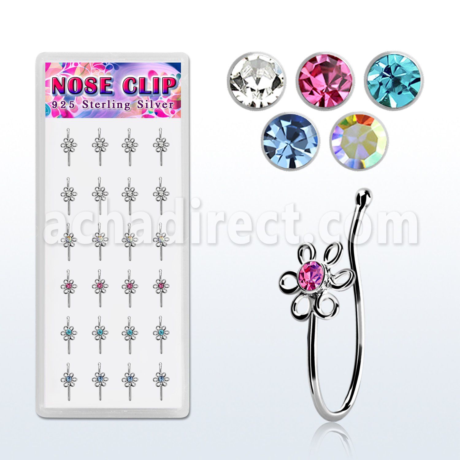 dncl3 caja display 24 piercings nariz clip plata 925 flor alambre cristal centro al por mayor