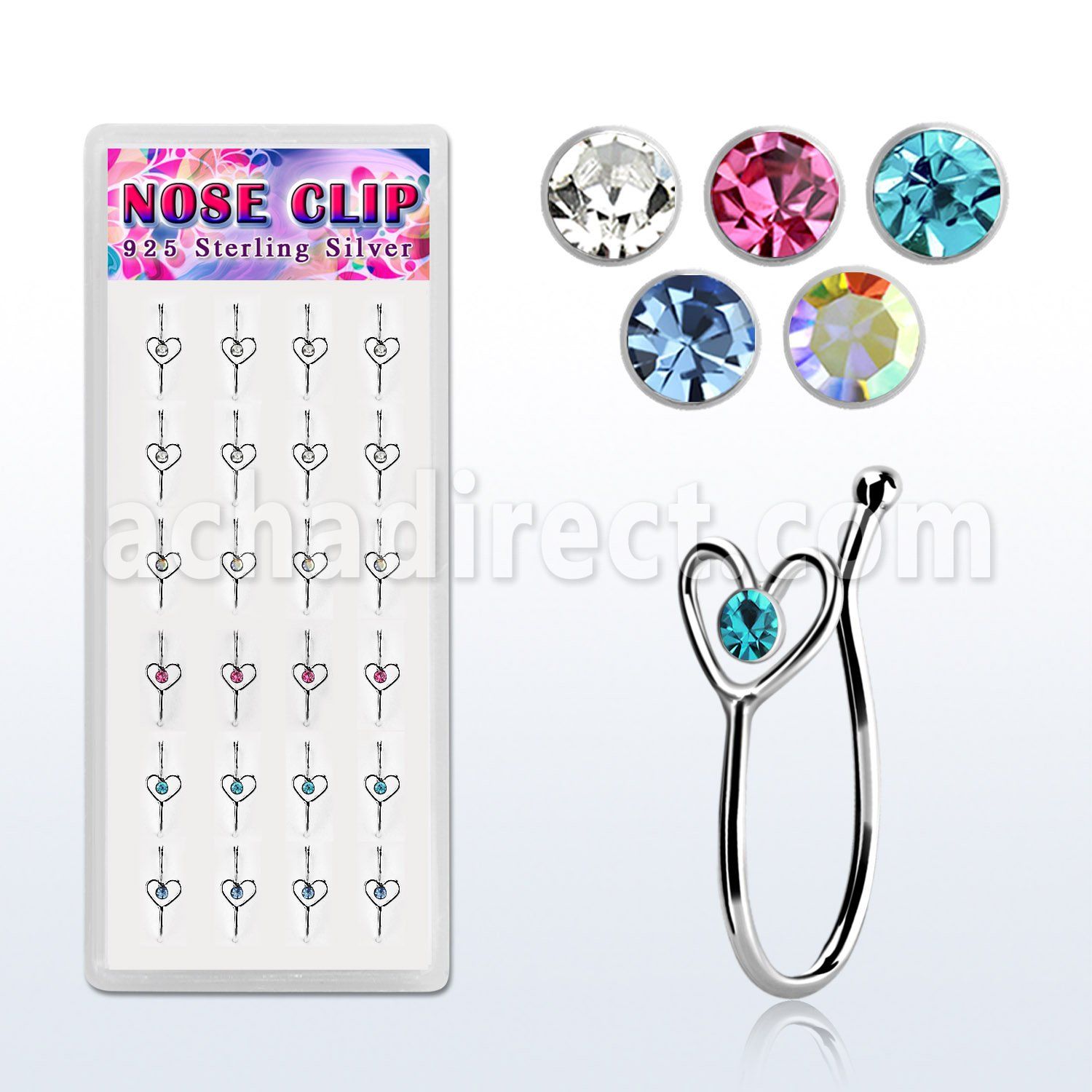 dncl4 caja display 24 piercings nariz clip plata 925 corazon alambre cristal centro al por mayor