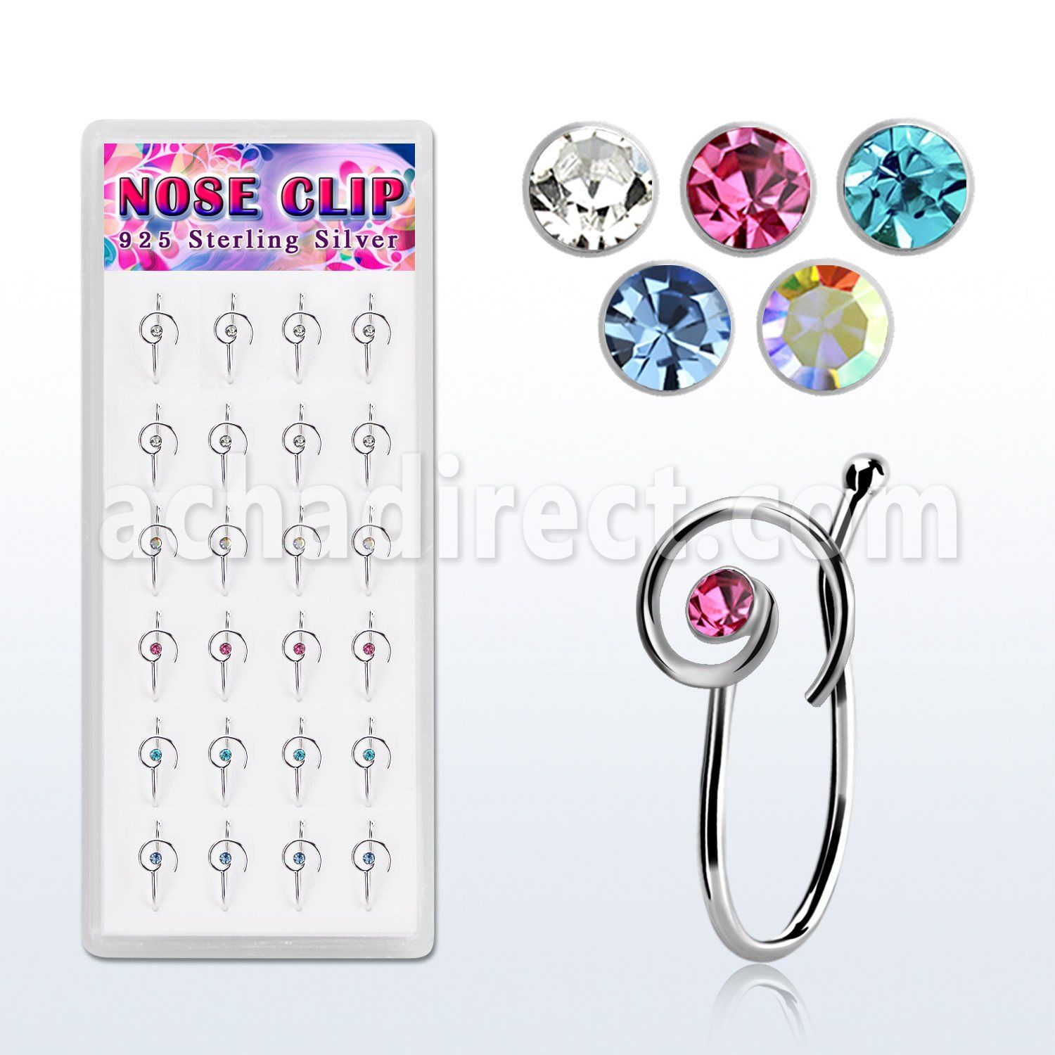 dncl7 caja display 24 piercings nariz clip plata 925 espiral cristal centro venta