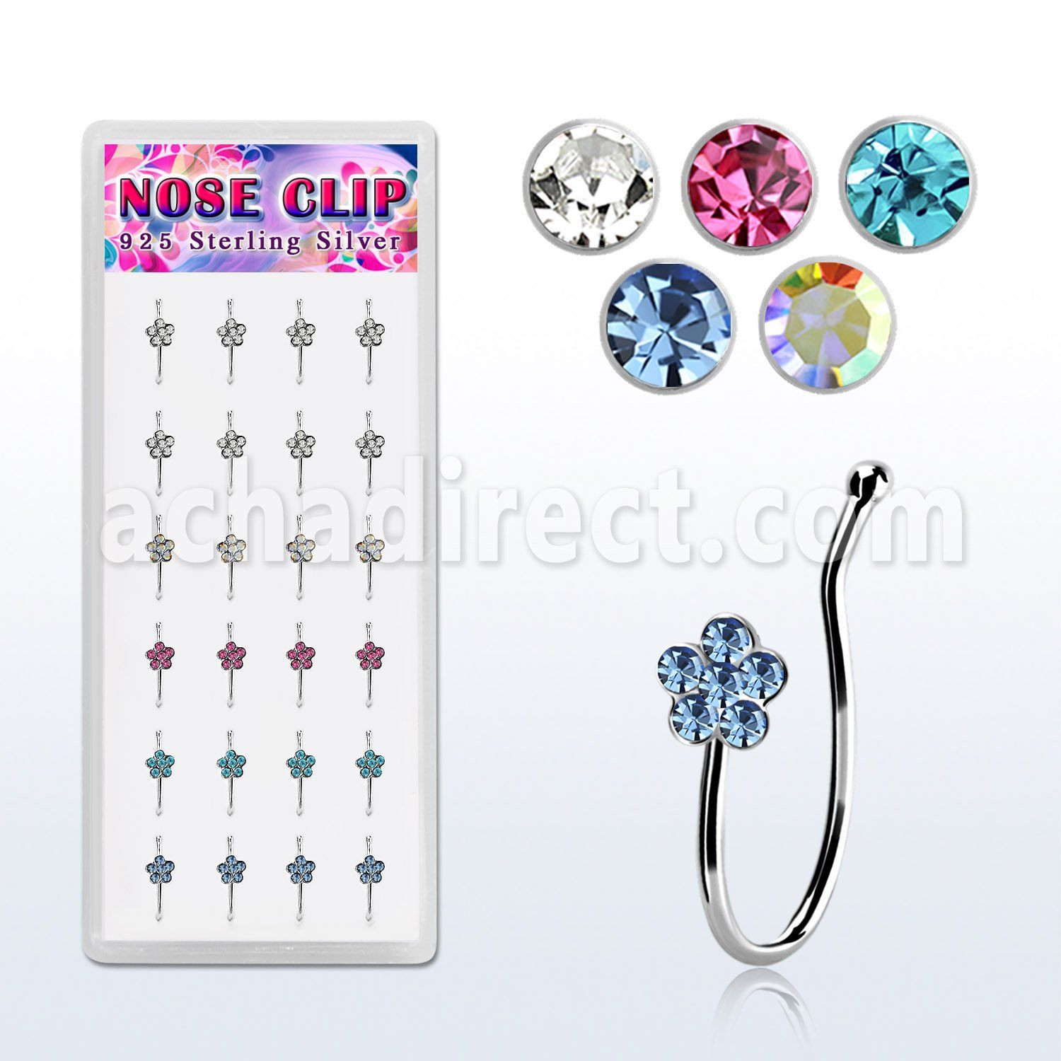dncl9 caja display 24 piercings nariz clip plata 925 flor cristal mayorista