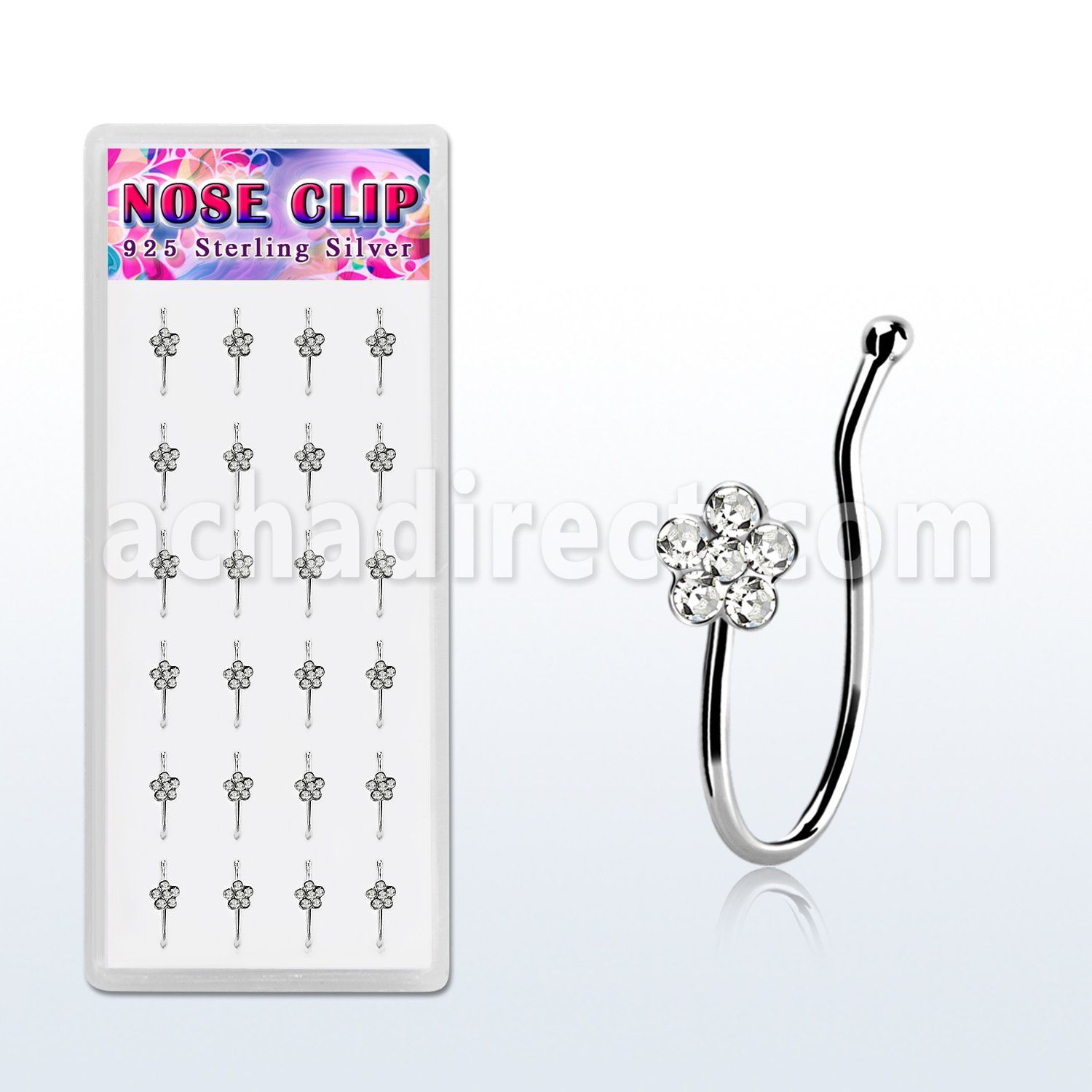 dncl9c caja display 24 piercings nariz clip plata 925 flor cristal distribuidor
