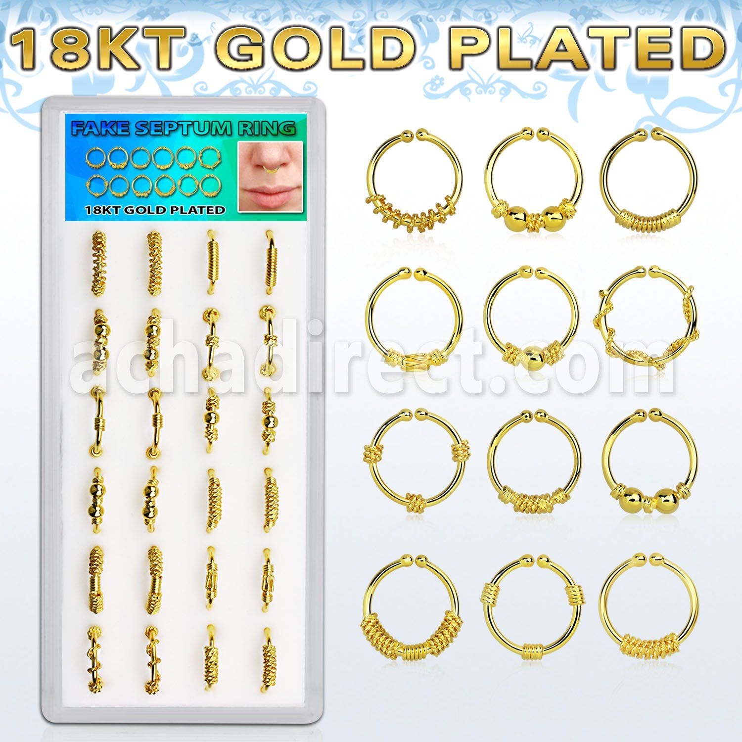dnsm100 caja 24 aros septum falsos plata esterlina 1mm oro 18 kts disenos variados 12mm distribuidor mayorista