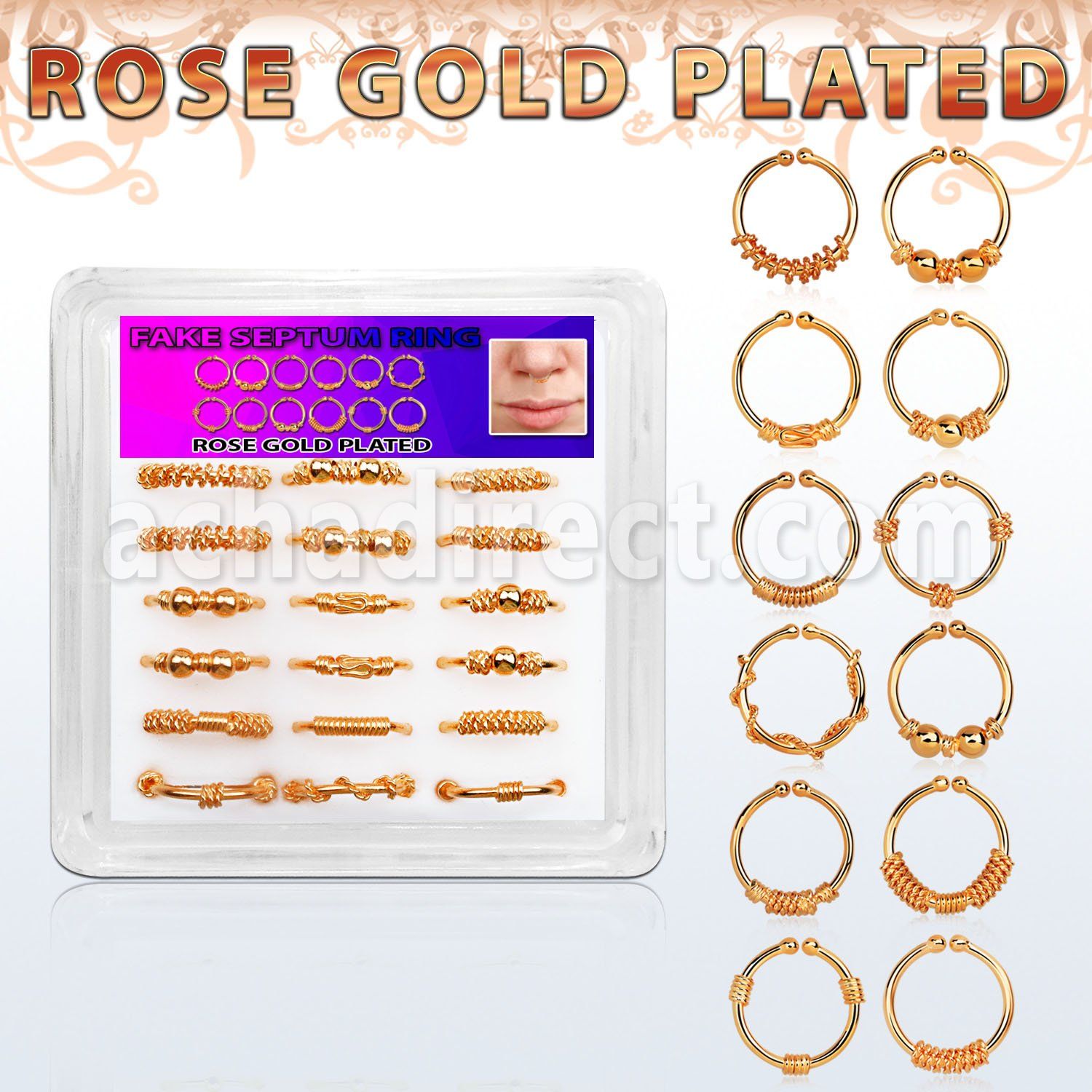 dnsm103 caja 18 aros septum falsos plata esterlina 1mm oro rosa disenos variados 12mm distribuidor mayorista